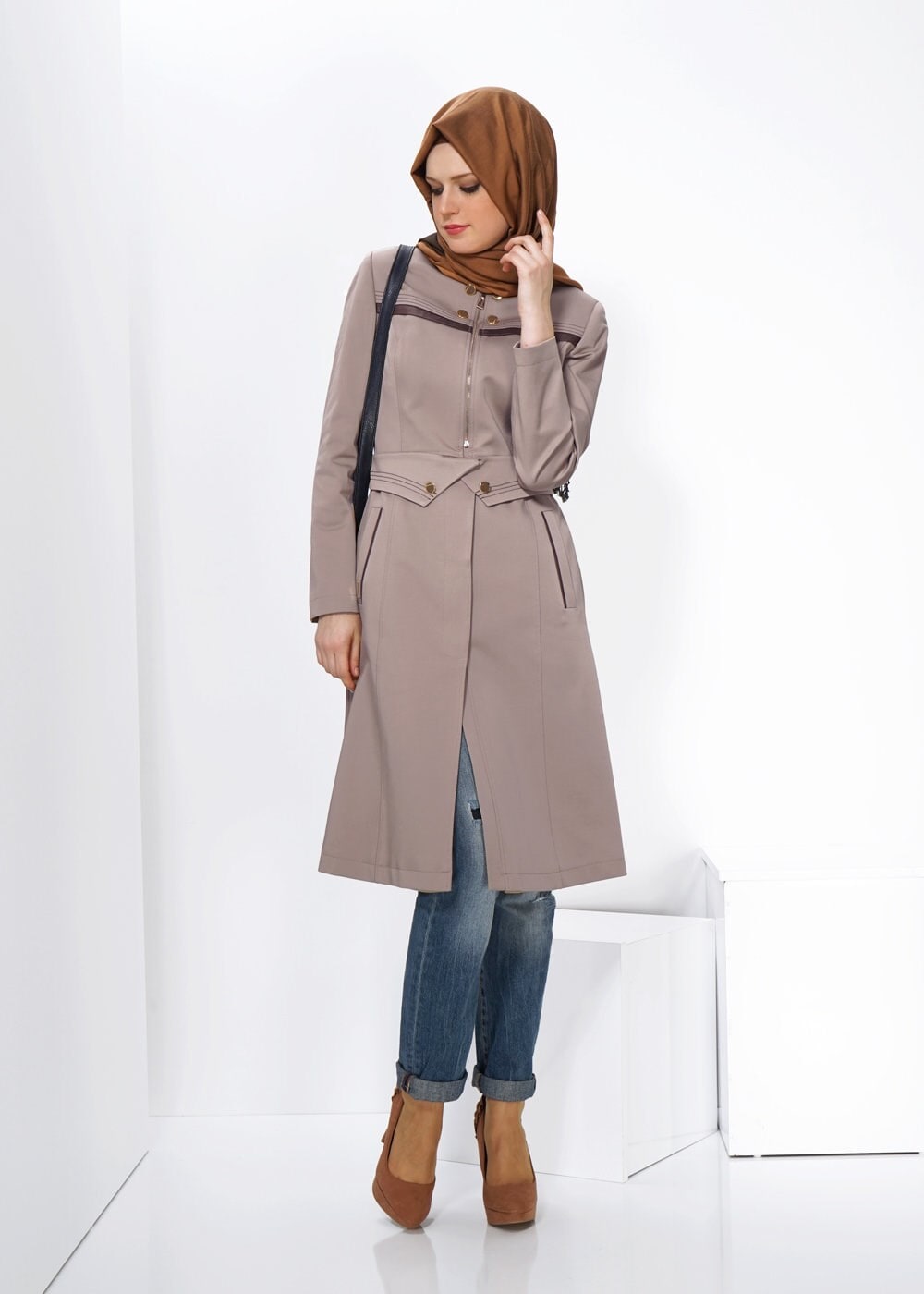 Tesettür giyim BEJ 1325 TRENÇKOT