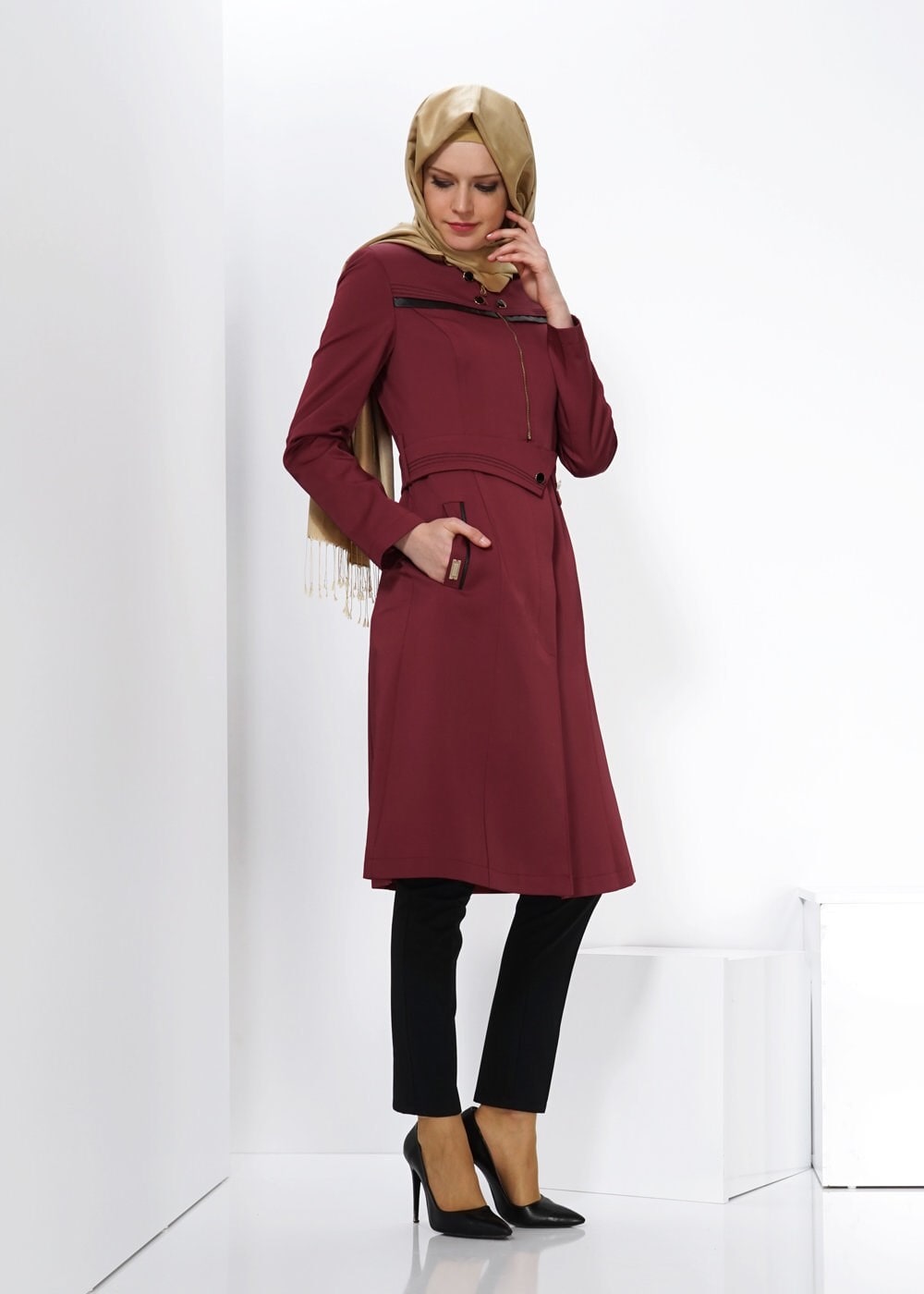 Tesettür giyim BORDO 1325 TRENÇKOT