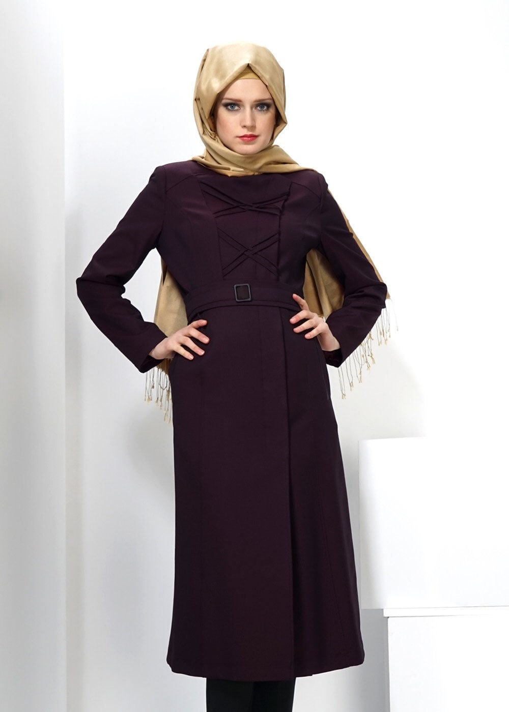 Tesettür giyim BORDO 1327 TRENÇKOT