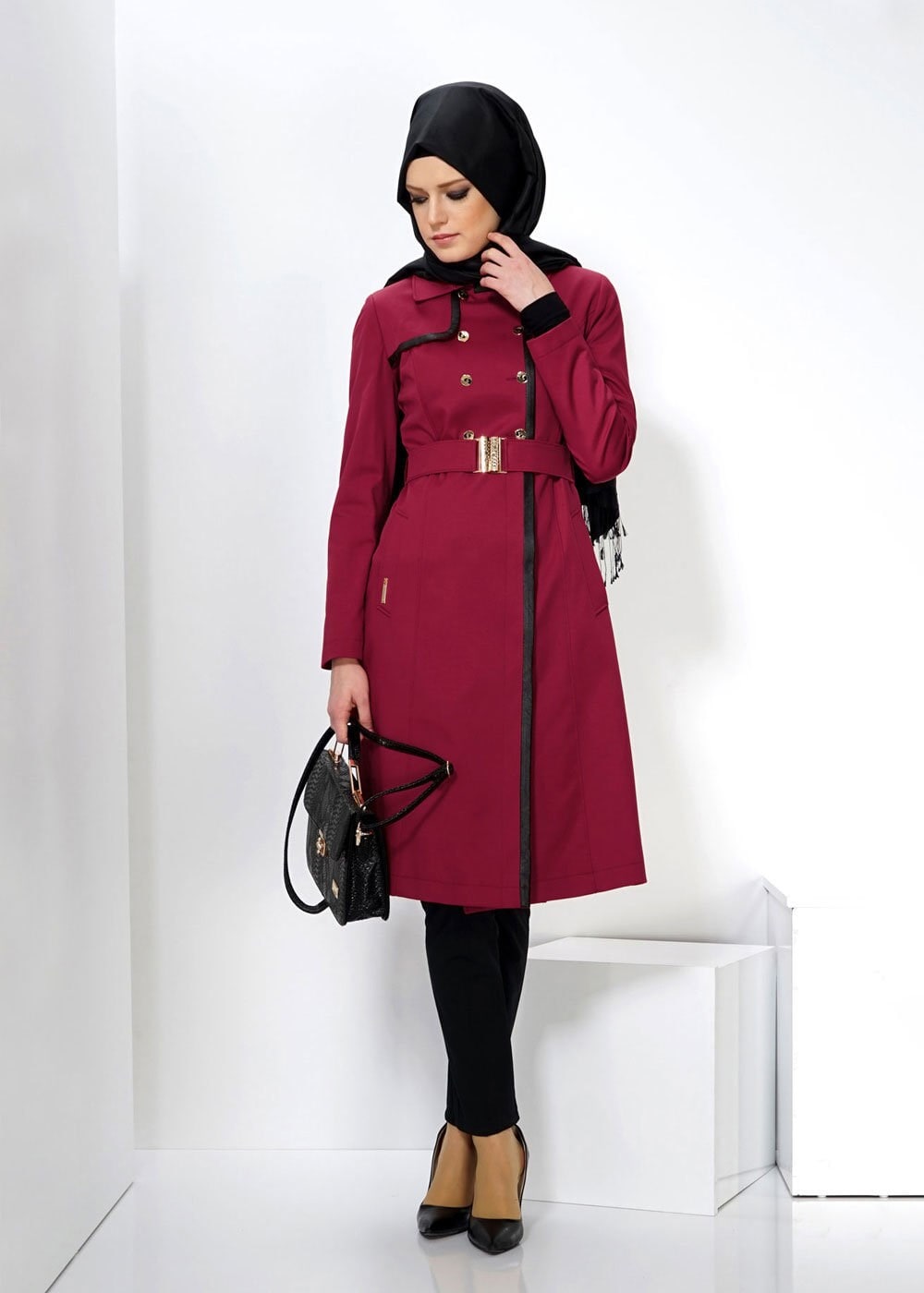 Tesettür giyim KIRMIZI 1333 TRENÇKOT