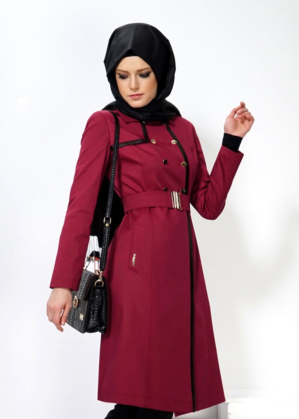 Tesettür giyim KIRMIZI 1333 TRENÇKOT