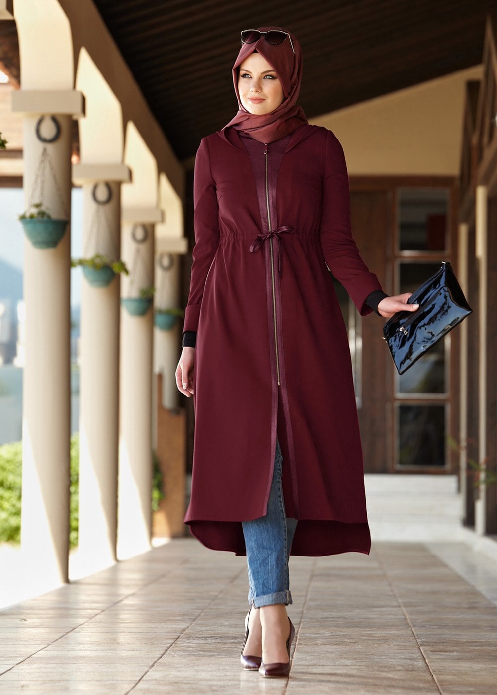 Tesettür giyim BORDO 1345 TRENÇKOT