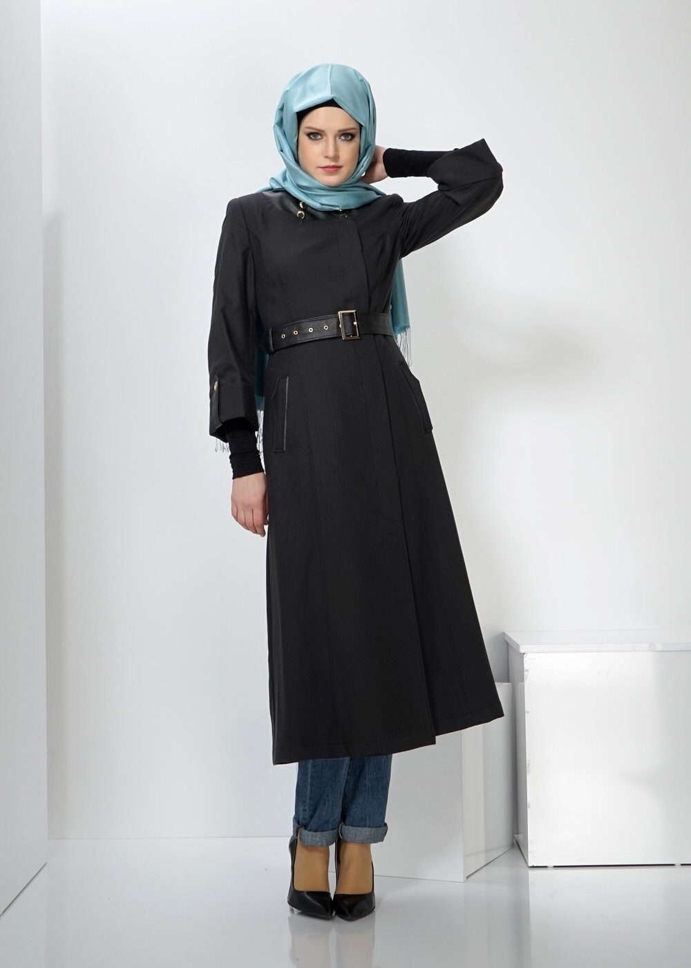 Tesettür giyim SİYAH 1353 TRENÇKOT