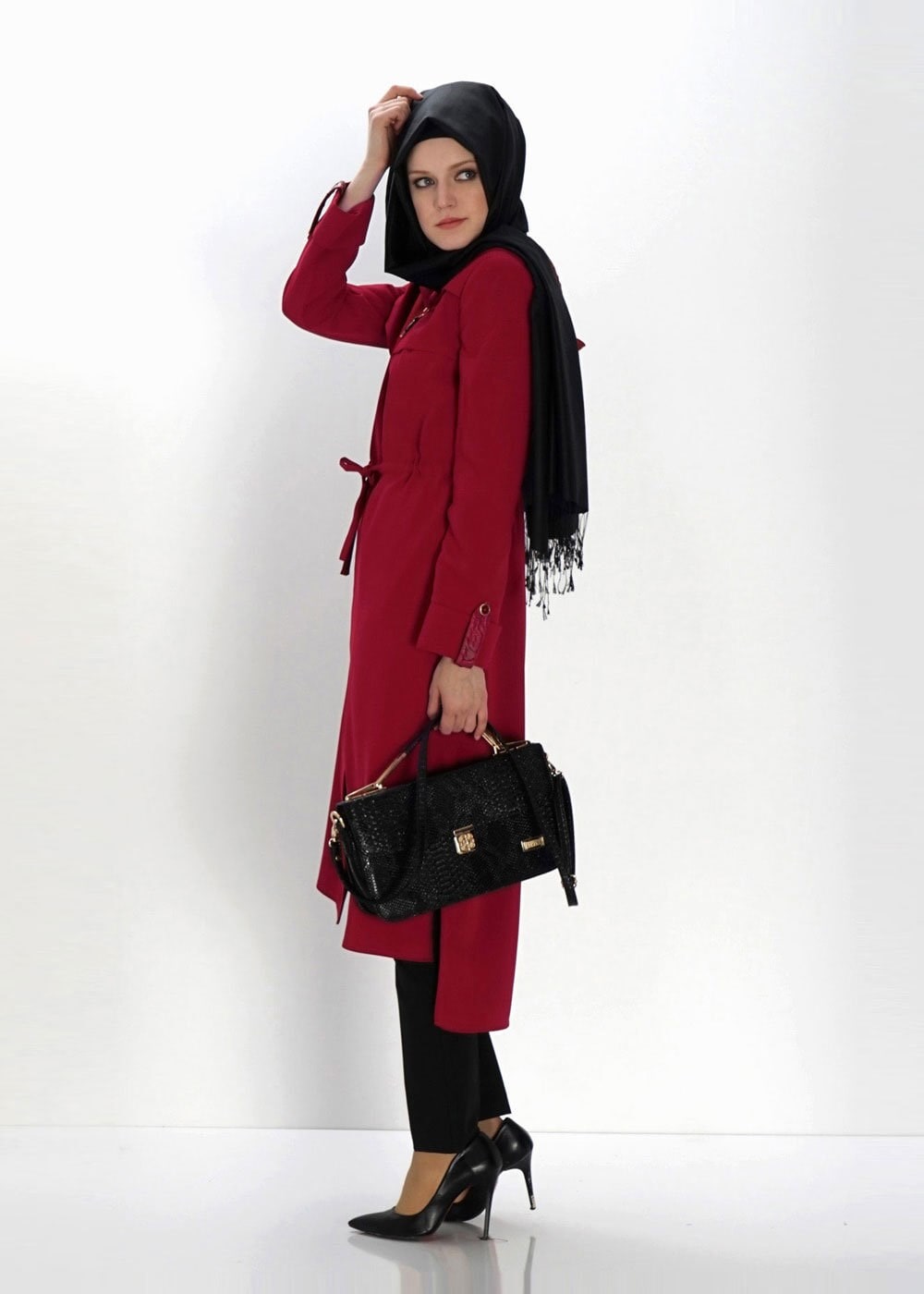 Tesettür giyim KIRMIZI 1354 TRENÇKOT