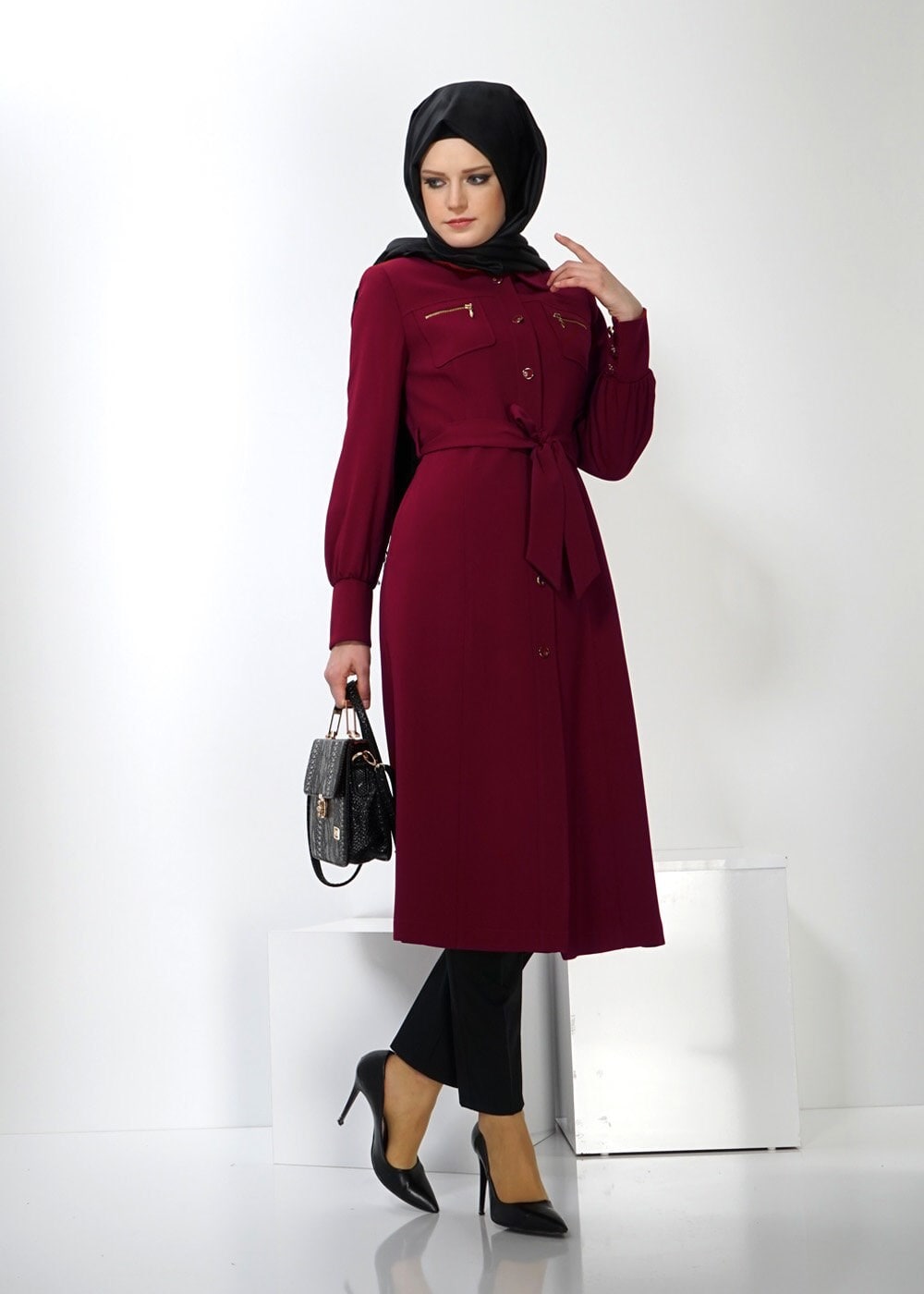Tesettür giyim BORDO 1359 TRENÇKOT