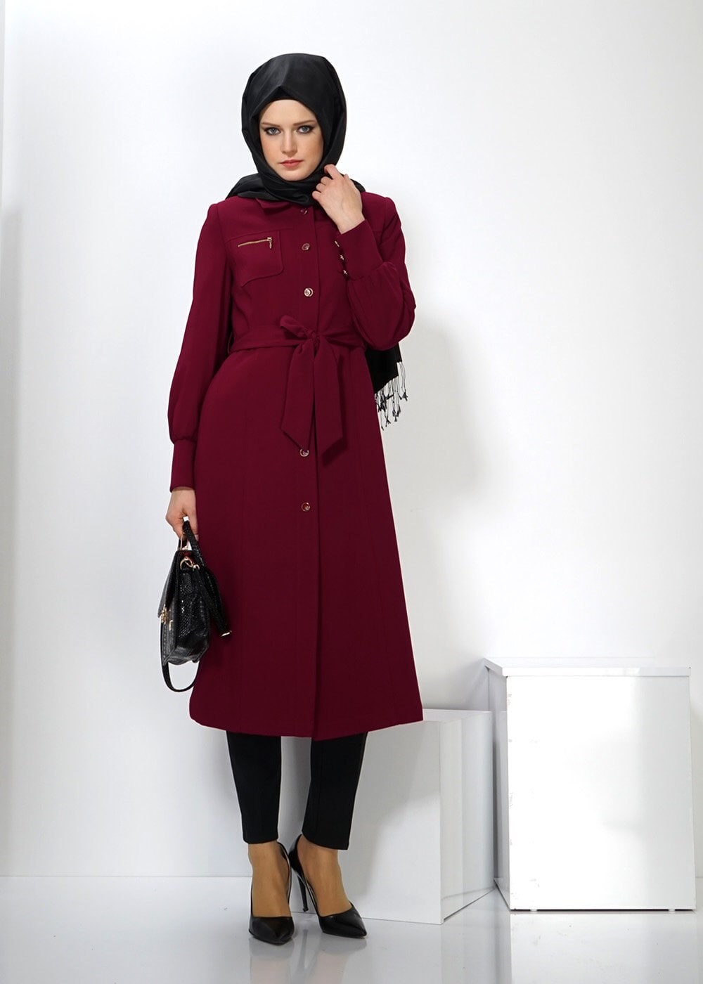 Tesettür giyim BORDO 1359 TRENÇKOT