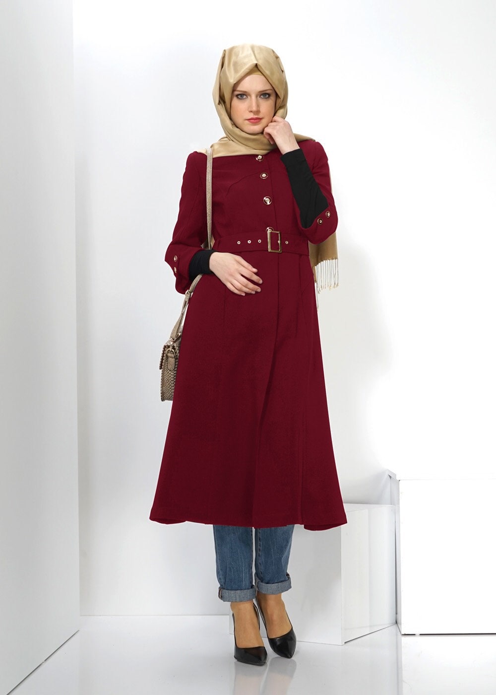 Tesettür giyim BORDO 1368 TRENÇKOT