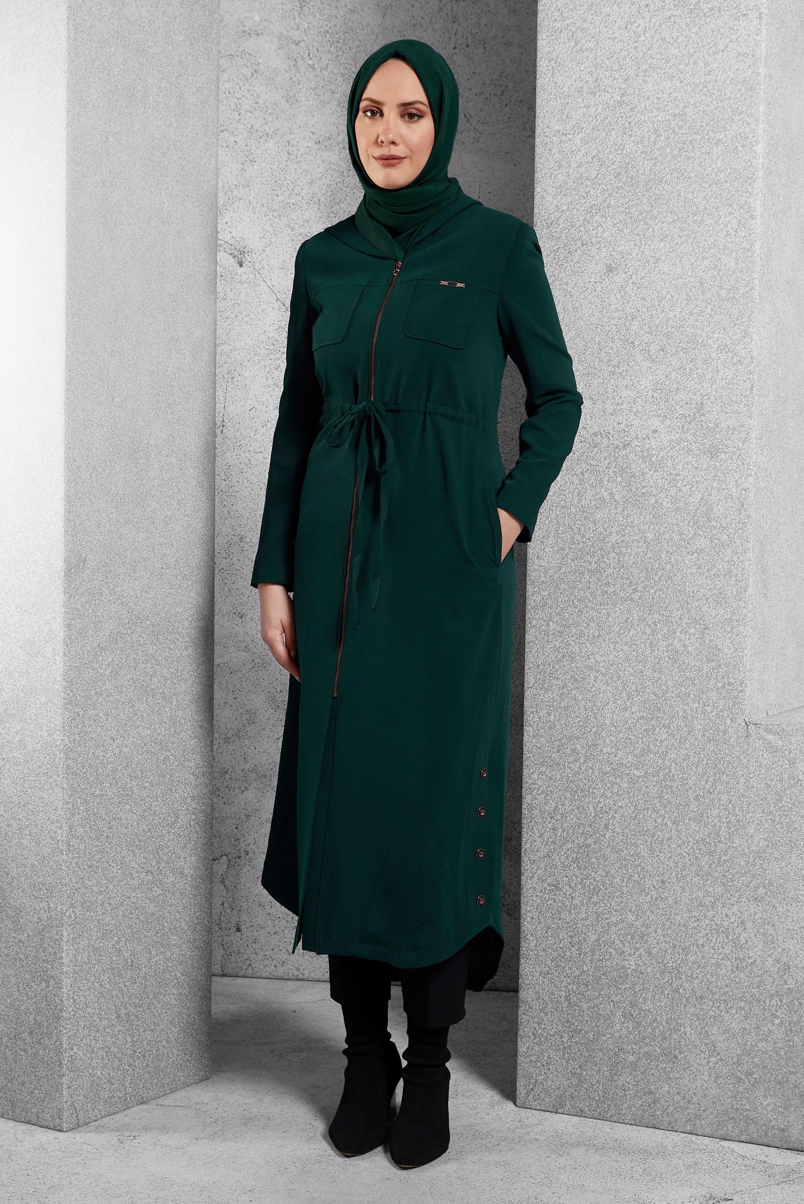 Tesettür giyim YEŞİL KAPÜŞONLU TRENÇKOT 1373