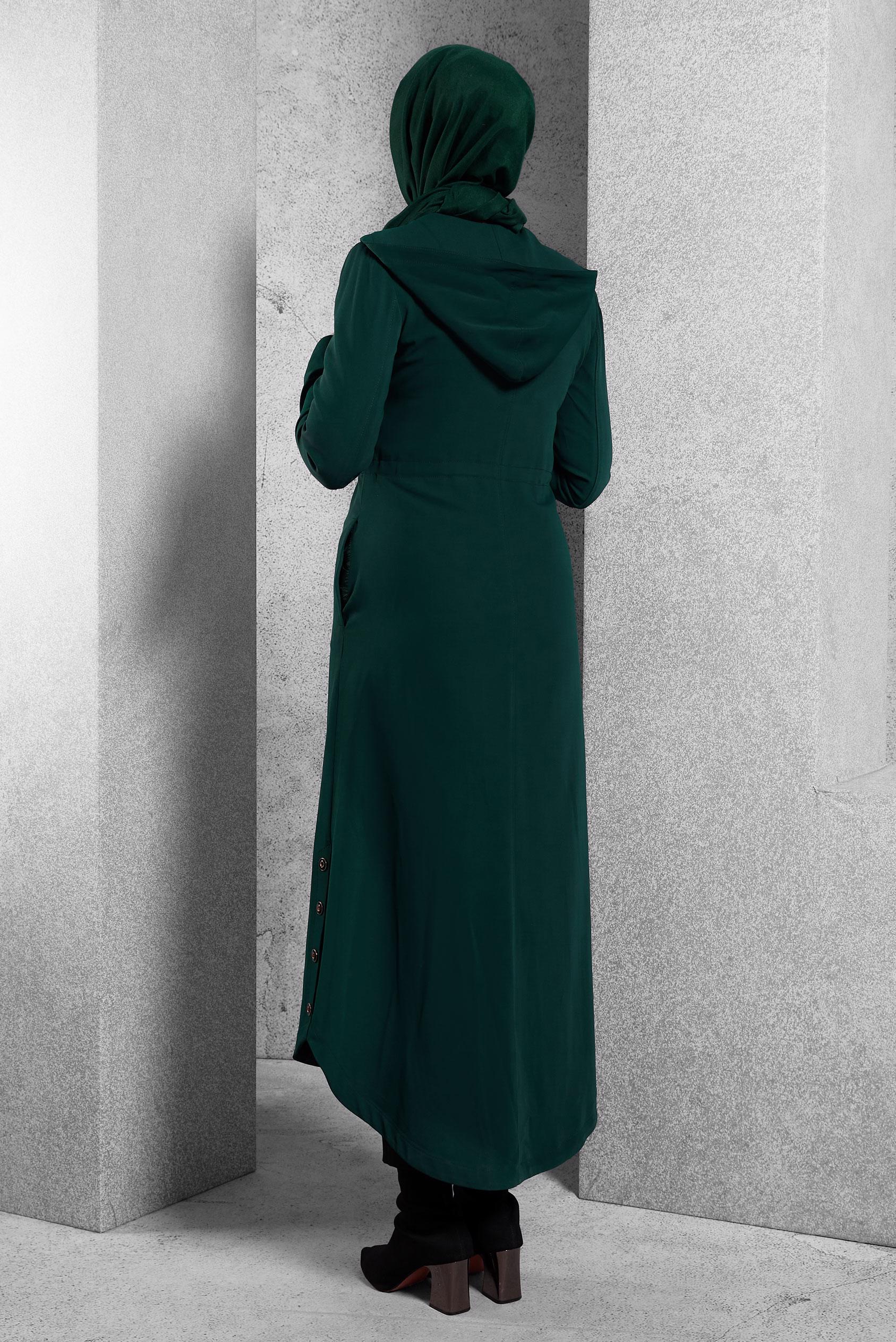 Tesettür giyim YEŞİL KAPÜŞONLU TRENÇKOT 1373