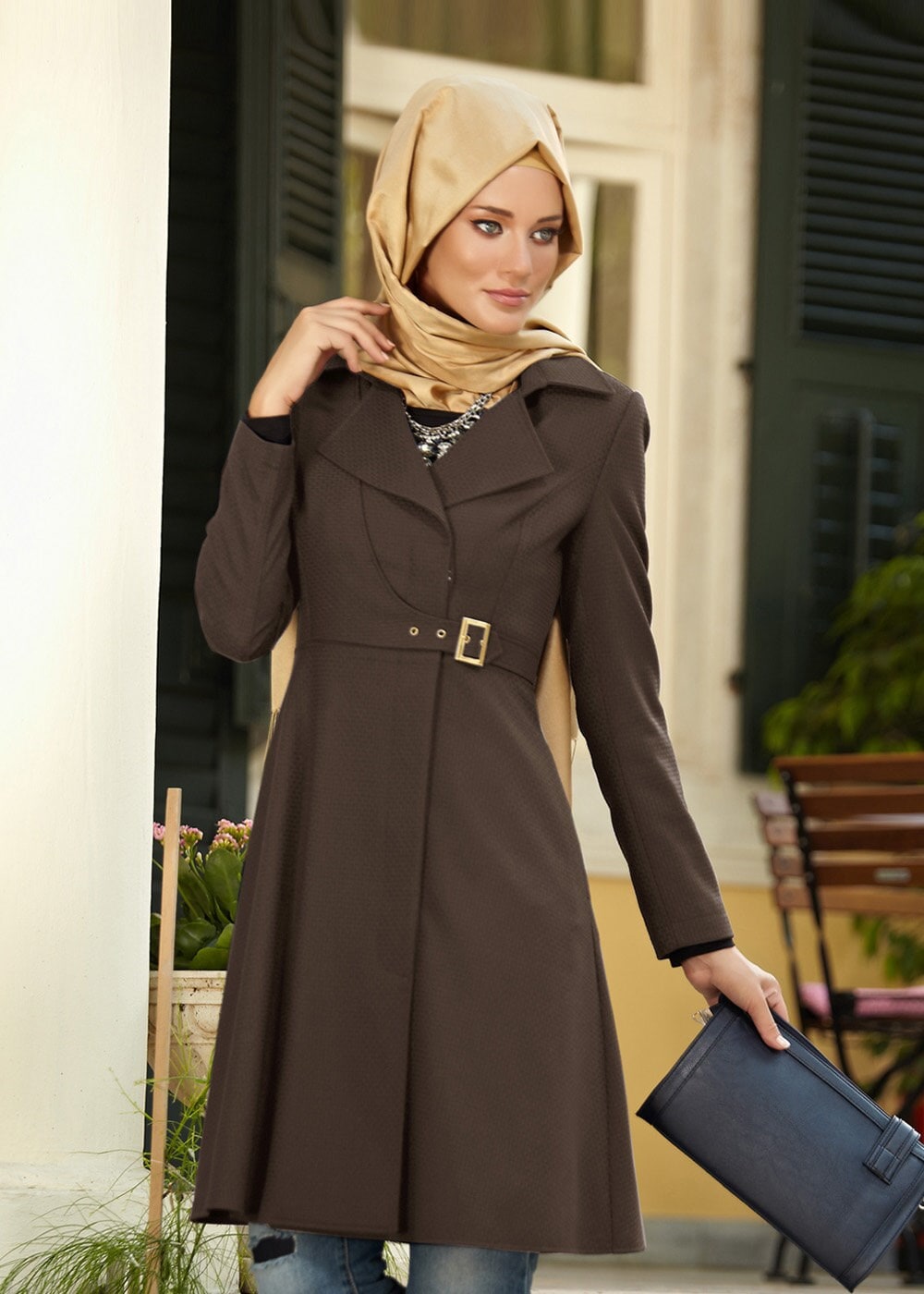 Tesettür giyim VİZON 1386 OASİS TRENCH 38/44 TEK38