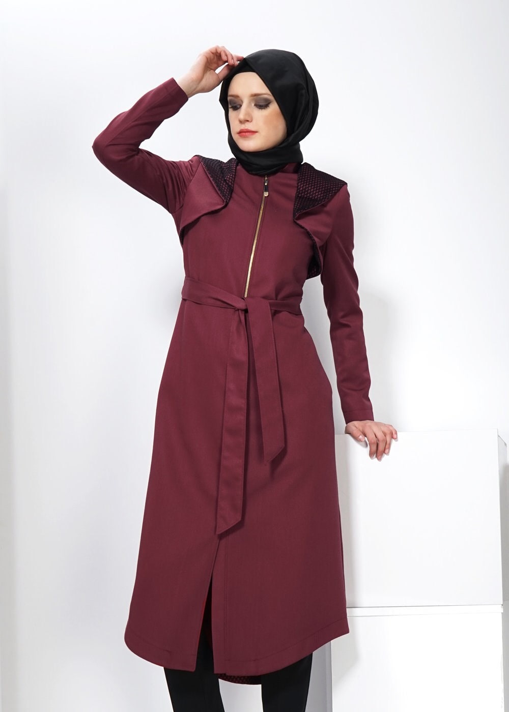Tesettür giyim BORDO 1387 TRENÇKOT