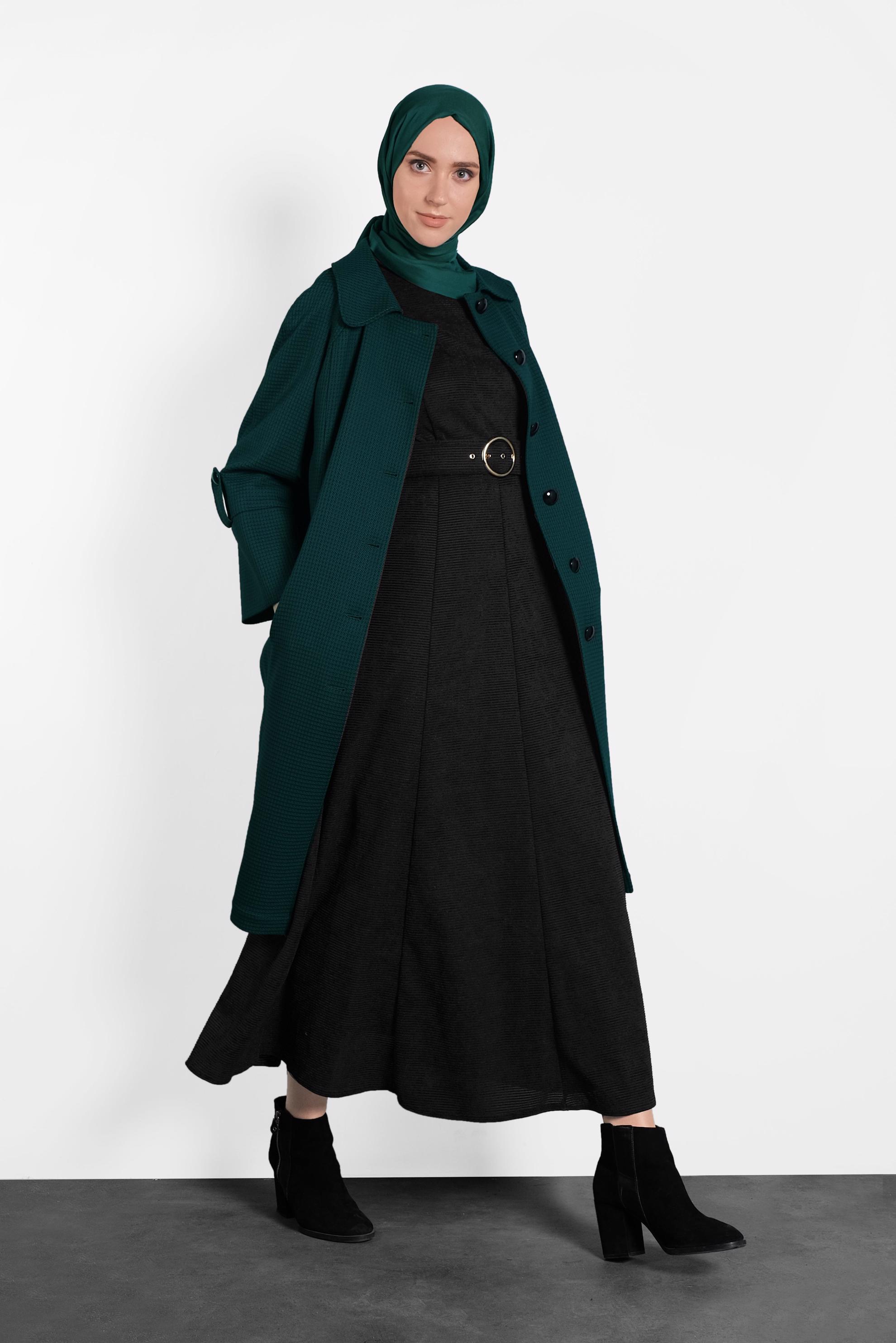 Tesettür giyim YEŞİL DÜĞMELİ CEPLİ TRENÇKOT 1390