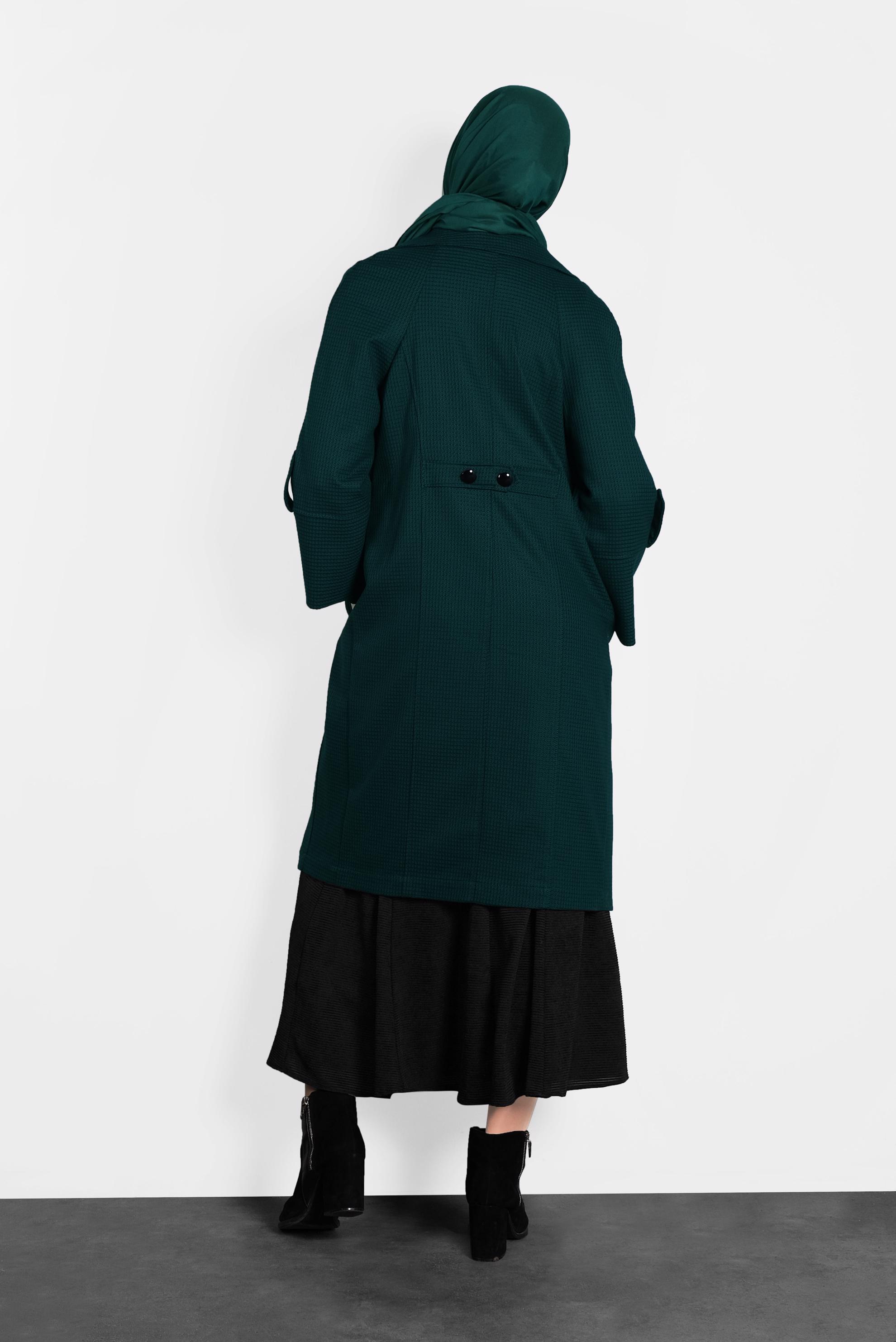 Tesettür giyim YEŞİL DÜĞMELİ CEPLİ TRENÇKOT 1390