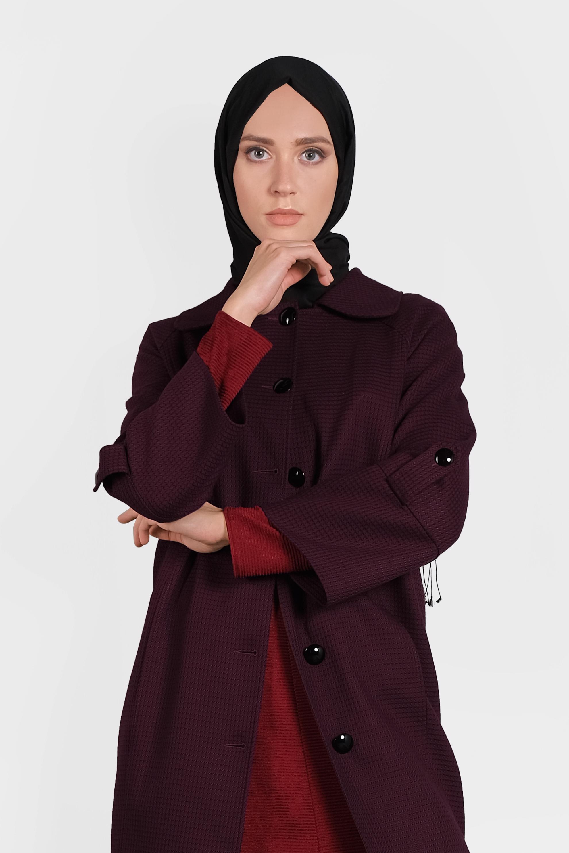 Tesettür giyim BORDO DÜĞMELİ CEPLİ TRENÇKOT 1390