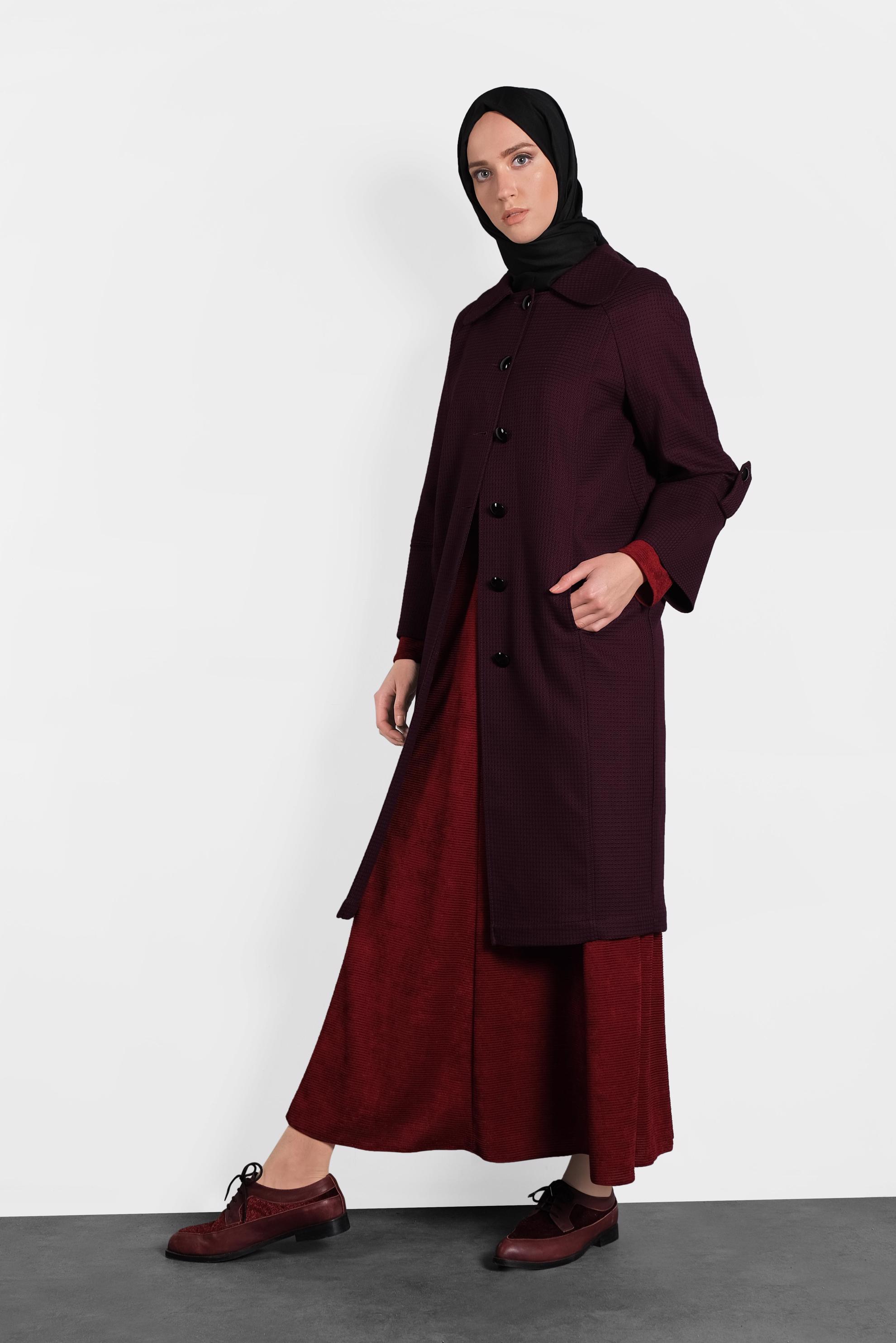 Tesettür giyim BORDO DÜĞMELİ CEPLİ TRENÇKOT 1390