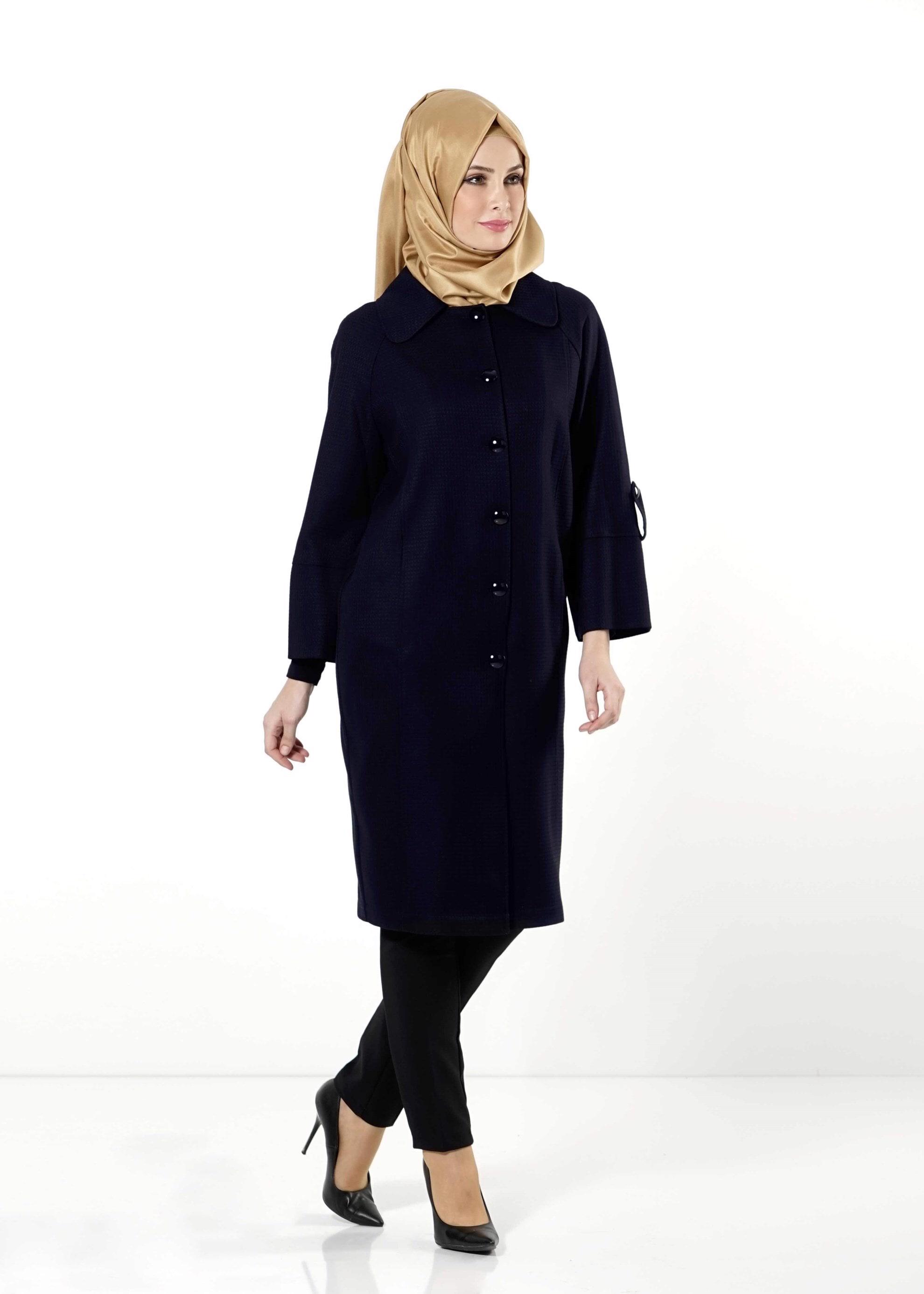 Tesettür giyim LACİVERT DÜĞMELİ CEPLİ TRENÇKOT 1390