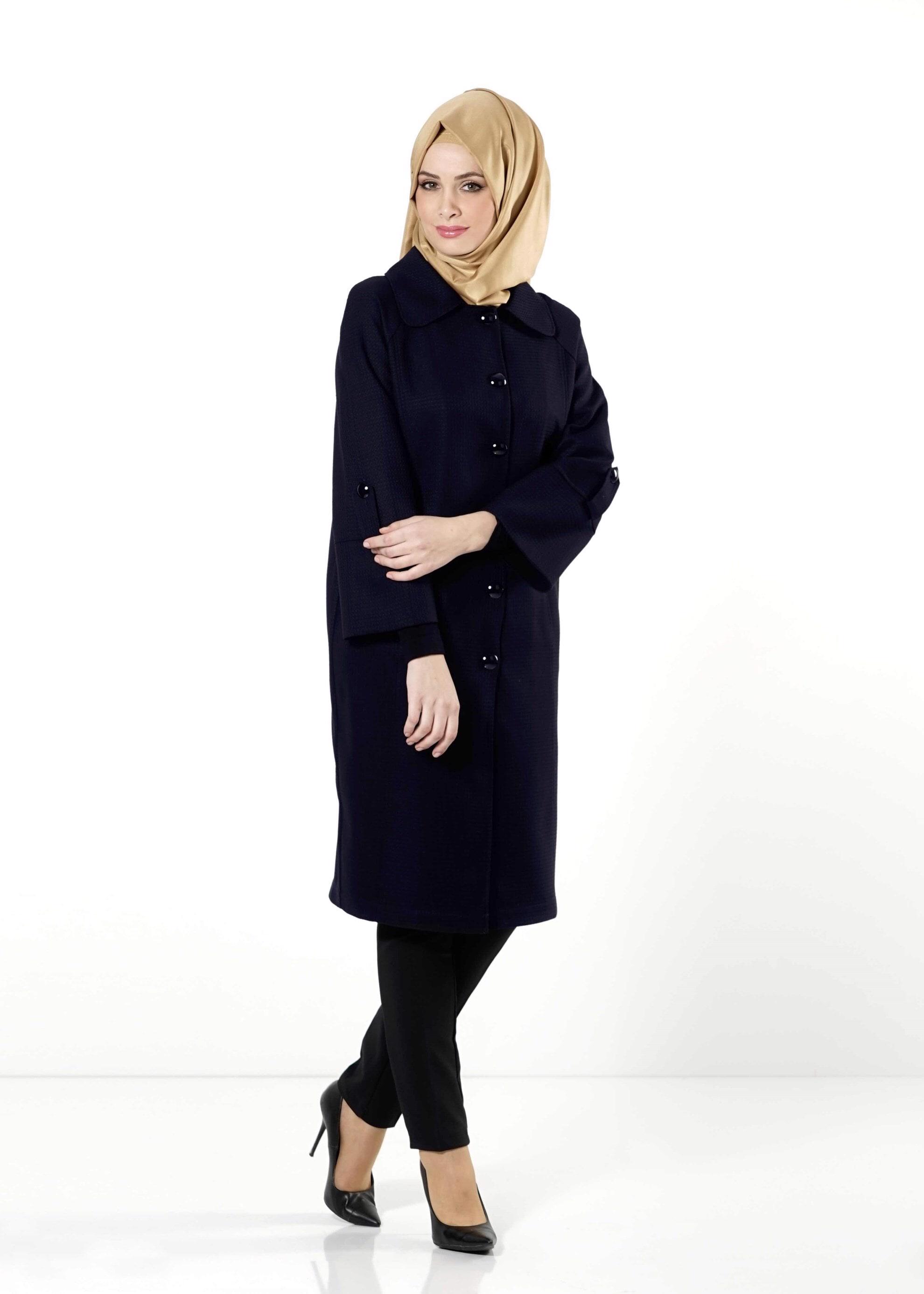 Tesettür giyim LACİVERT DÜĞMELİ CEPLİ TRENÇKOT 1390