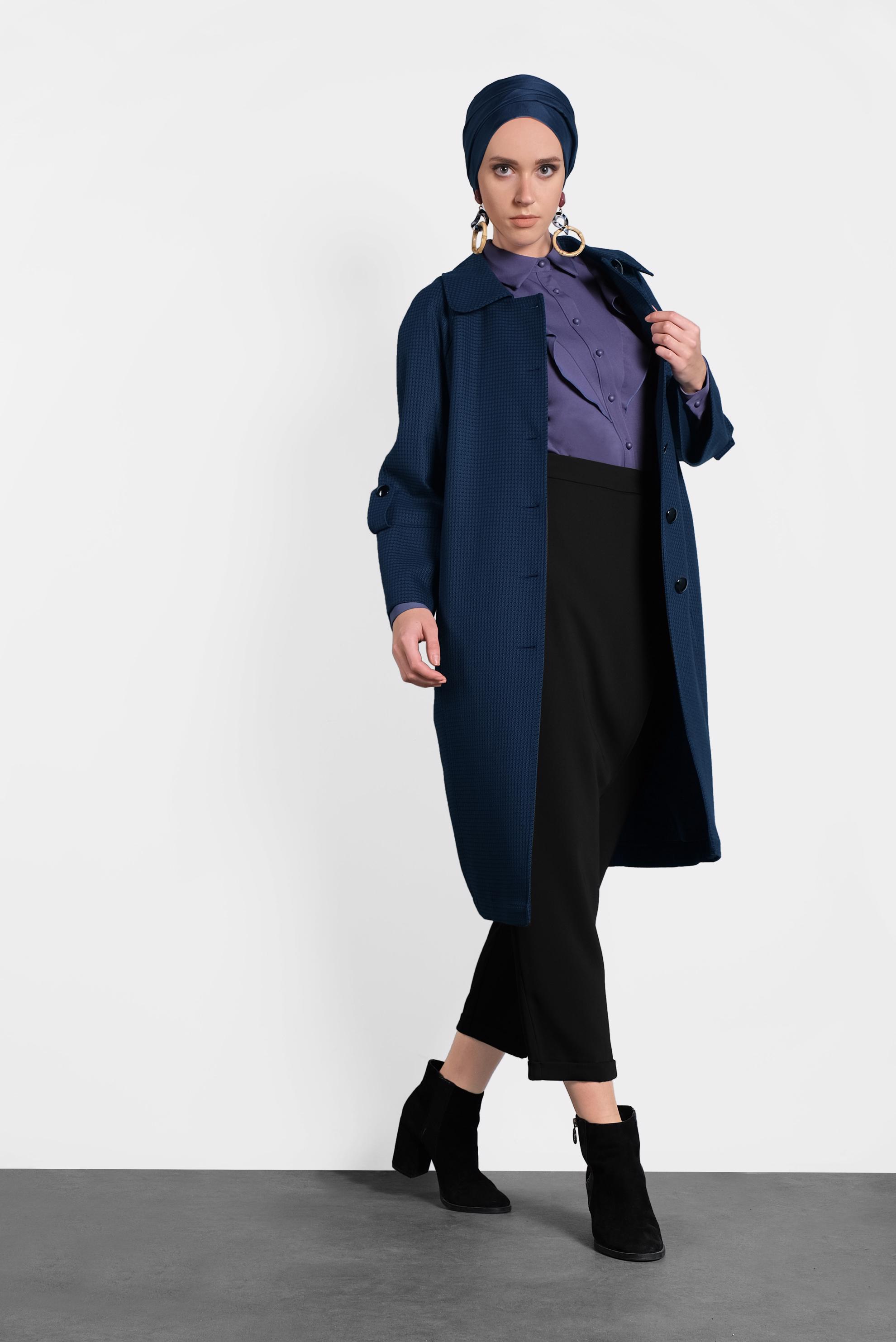 Tesettür giyim LACİVERT DÜĞMELİ CEPLİ TRENÇKOT 1390