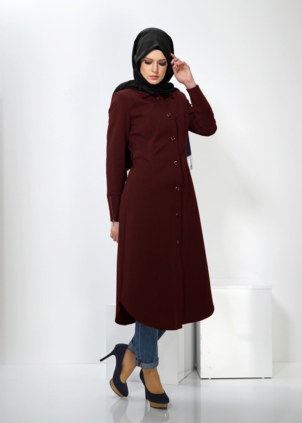 Tesettür giyim BORDO DÜĞMELİ TRENÇKOT 1392