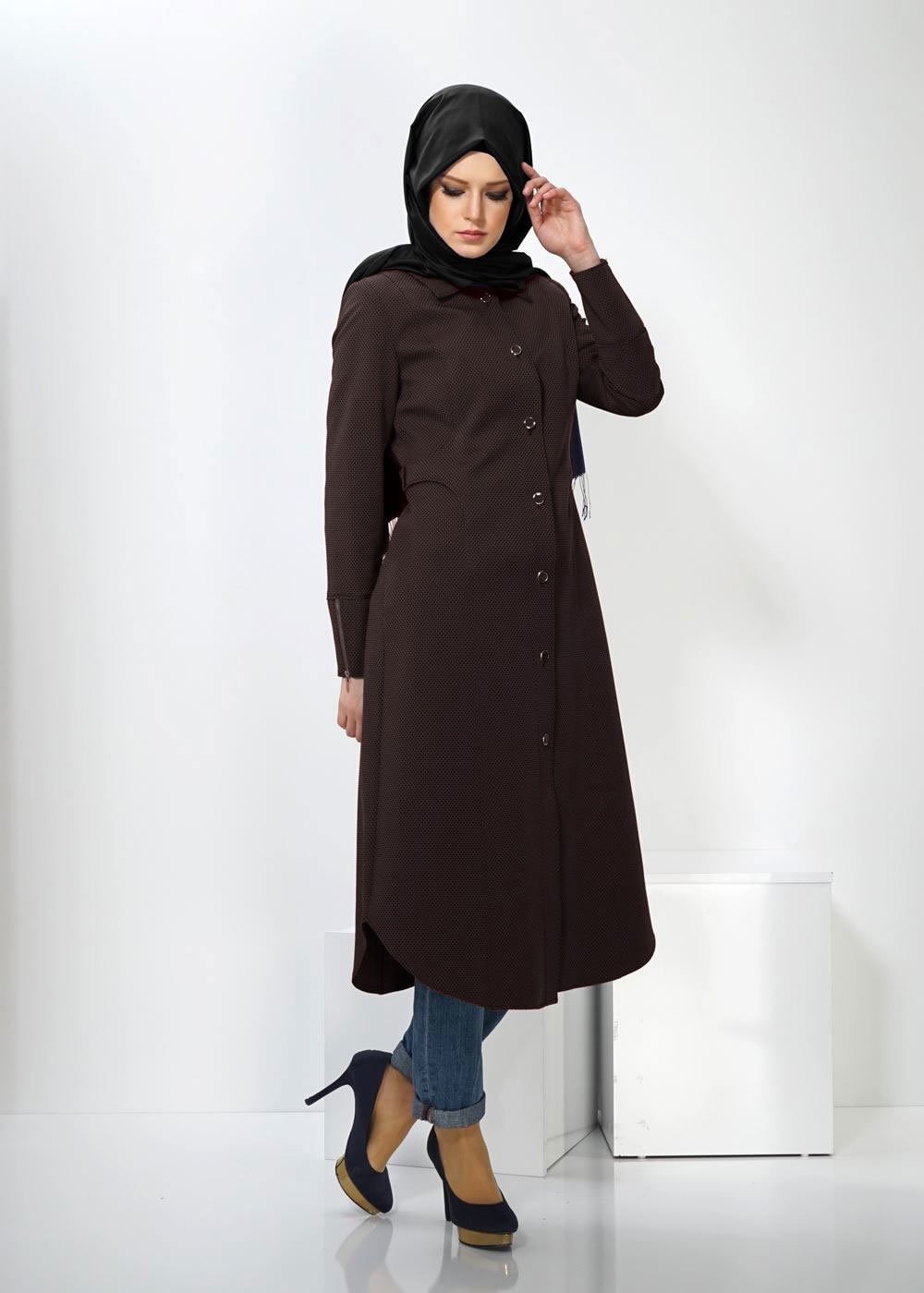 Tesettür giyim KAHVE DÜĞMELİ TRENÇKOT 1392