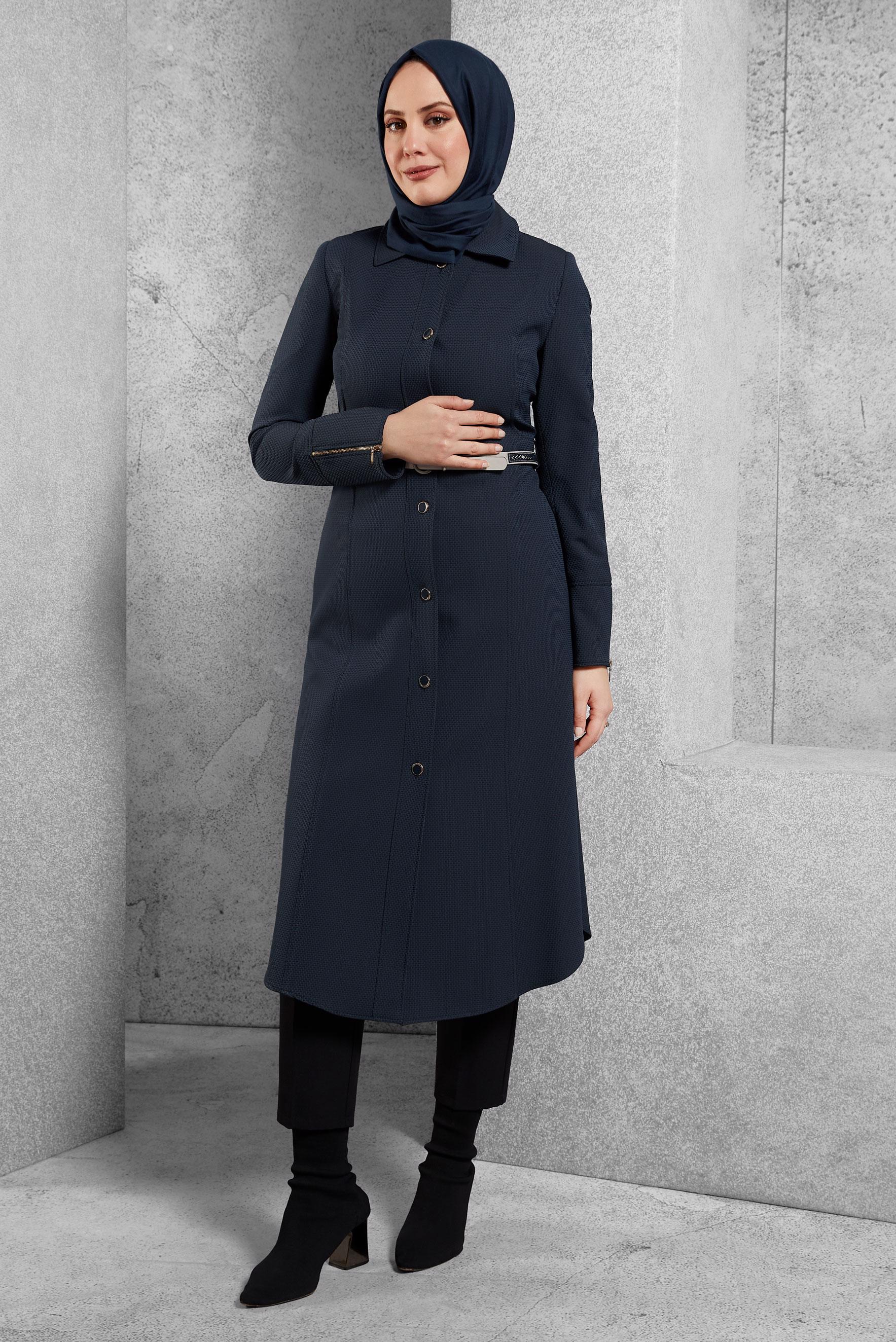 Tesettür giyim LACİVERT DÜĞMELİ TRENÇKOT 1392