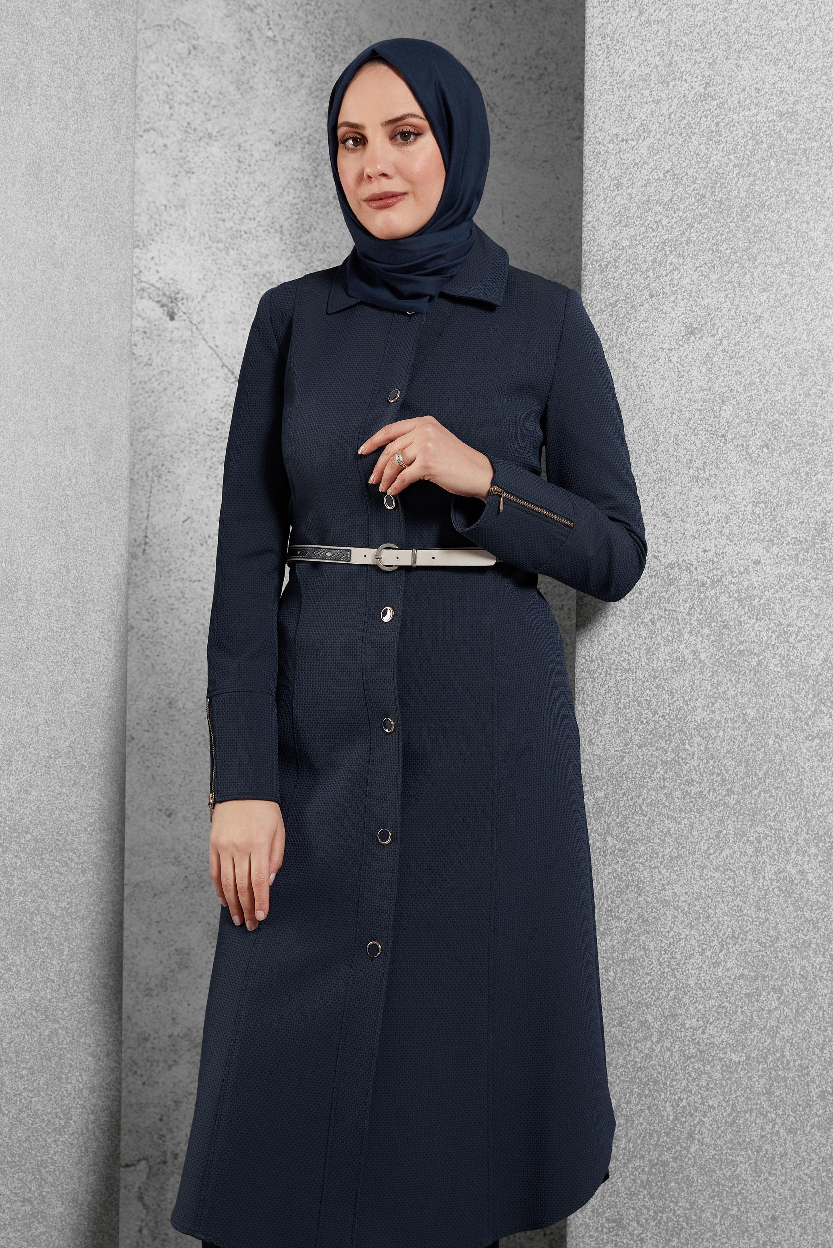Tesettür giyim LACİVERT DÜĞMELİ TRENÇKOT 1392