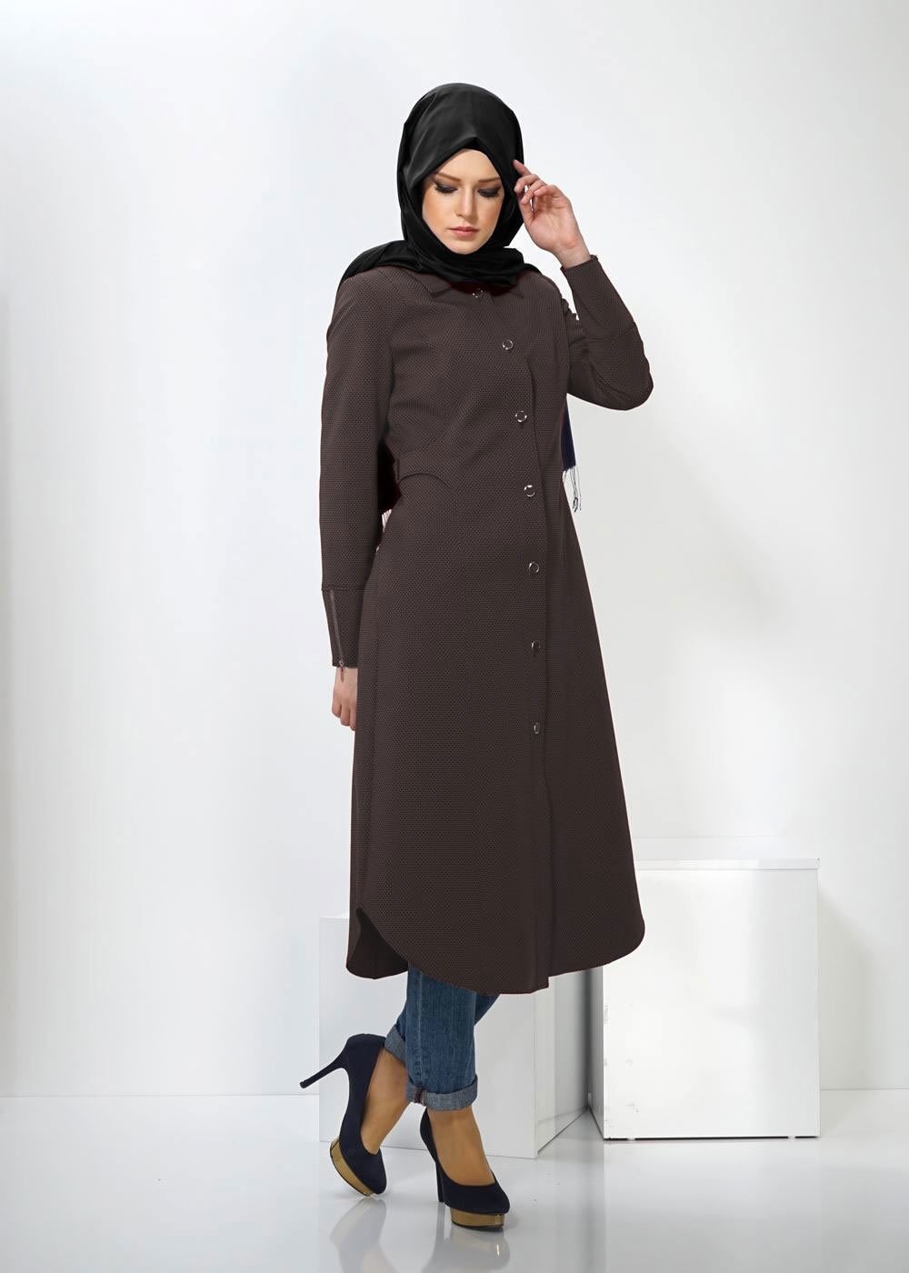 Tesettür giyim VİZON DÜĞMELİ TRENÇKOT 1392