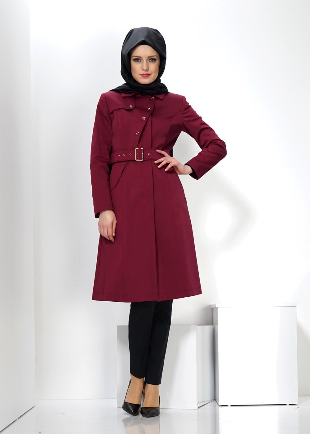 Tesettür giyim BORDO 1393 TRENÇKOT