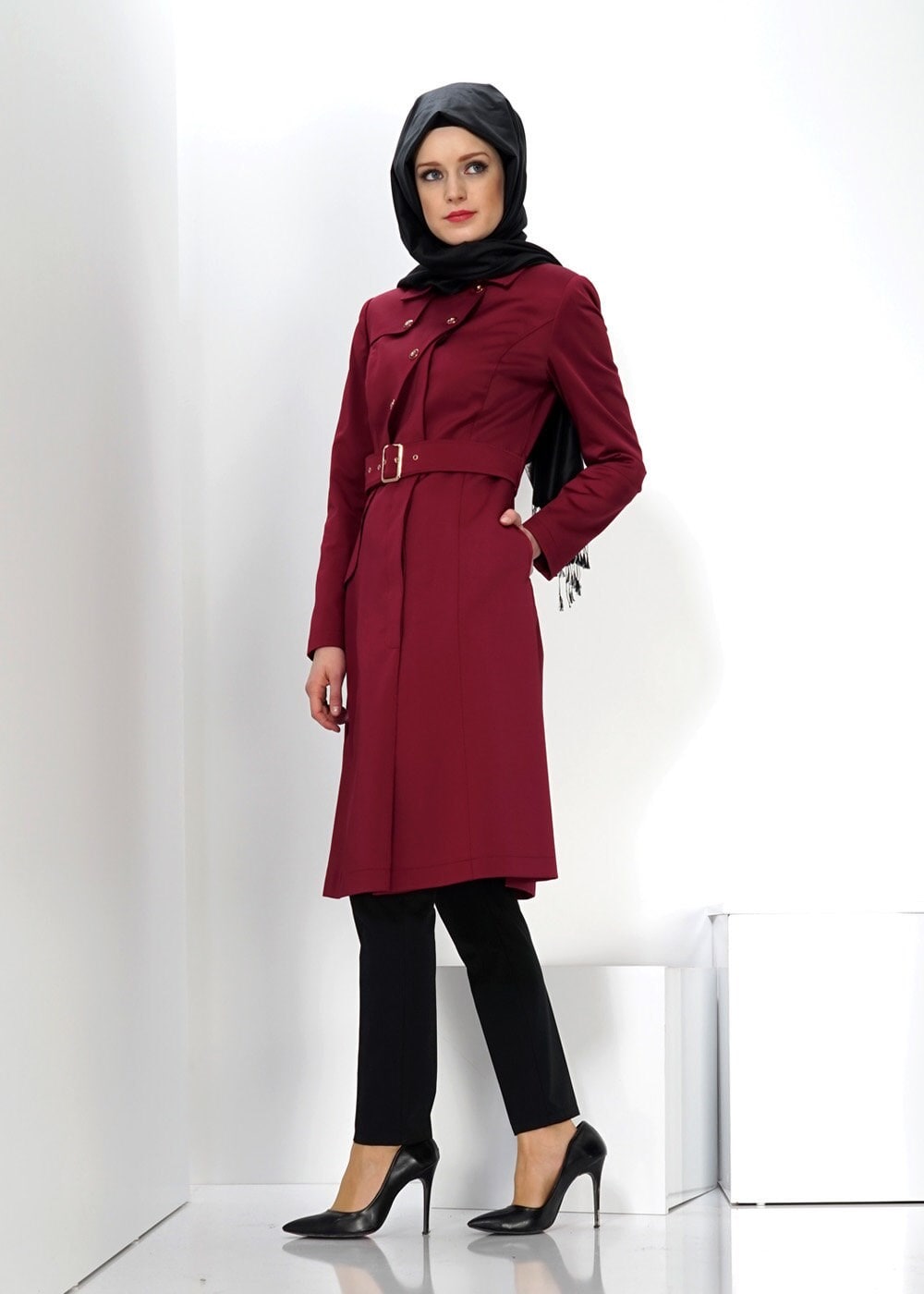 Tesettür giyim BORDO 1393 TRENÇKOT