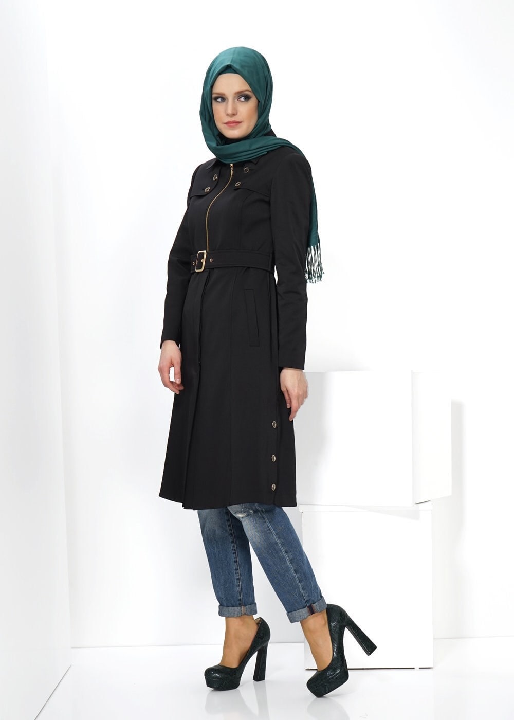 Tesettür giyim SİYAH 1394 TRENÇKOT