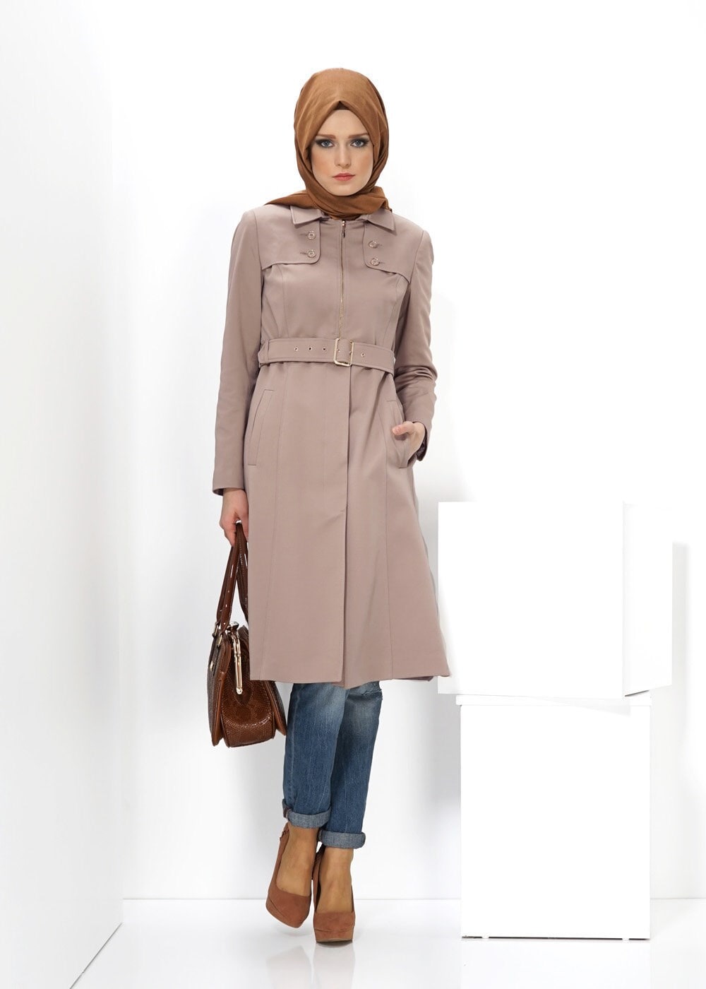 Tesettür giyim BEJ 1394 TRENÇKOT