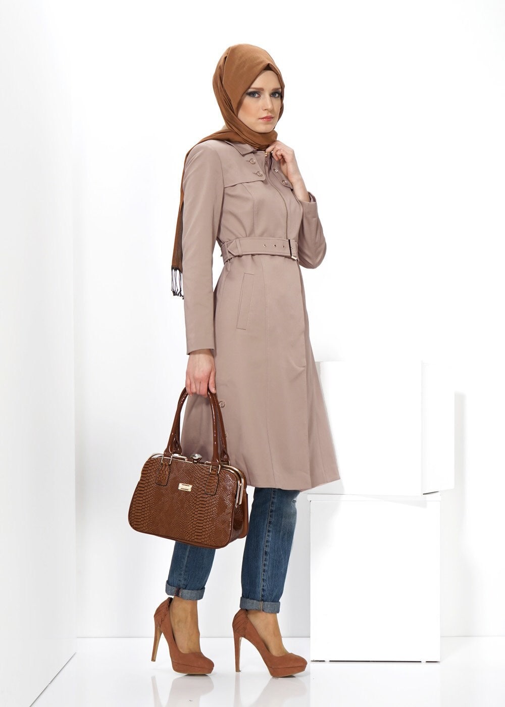 Tesettür giyim BEJ 1394 TRENÇKOT