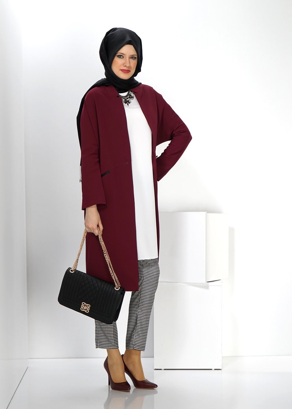 Tesettür giyim BORDO 1404 TRENÇKOT 