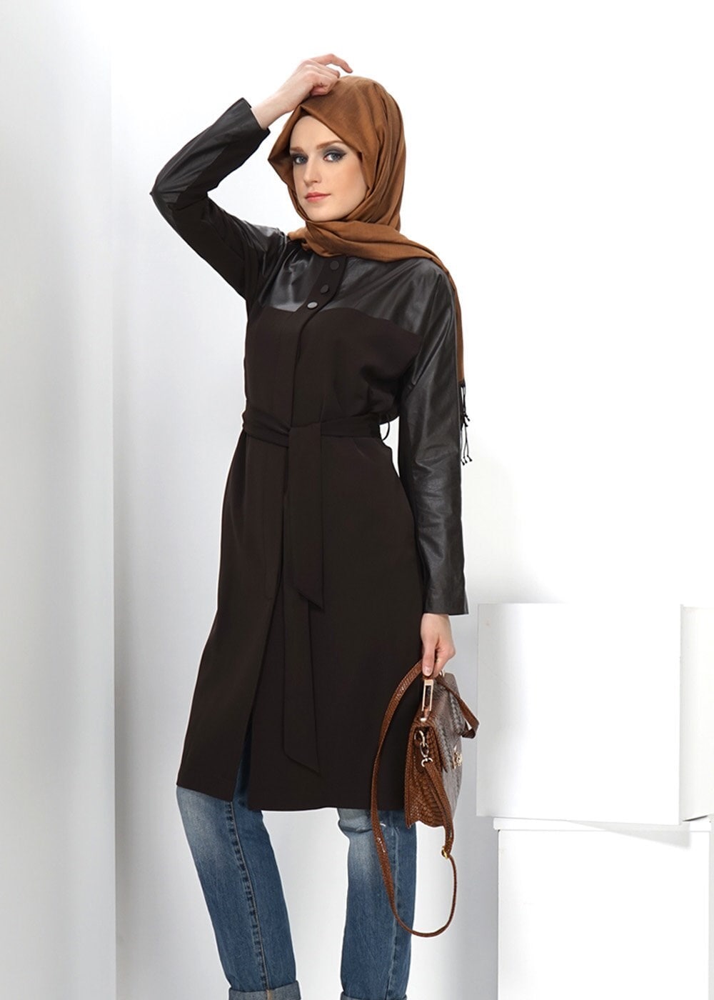 Tesettür giyim KAHVE 1409 TRENÇKOT