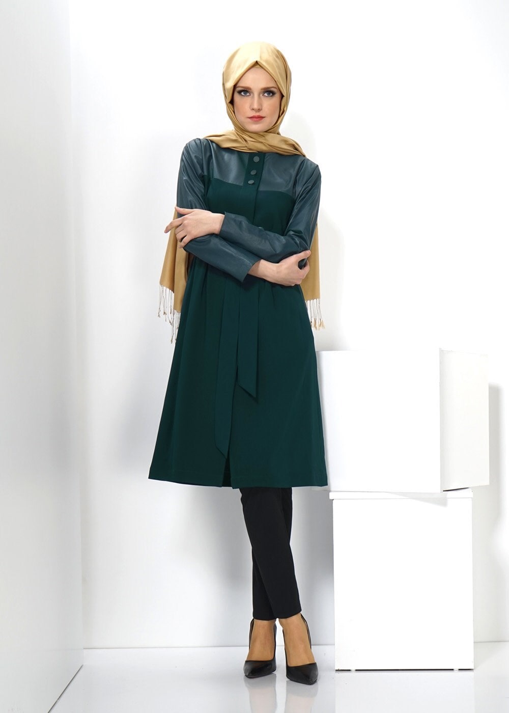 Tesettür giyim YEŞİL 1409 TRENÇKOT