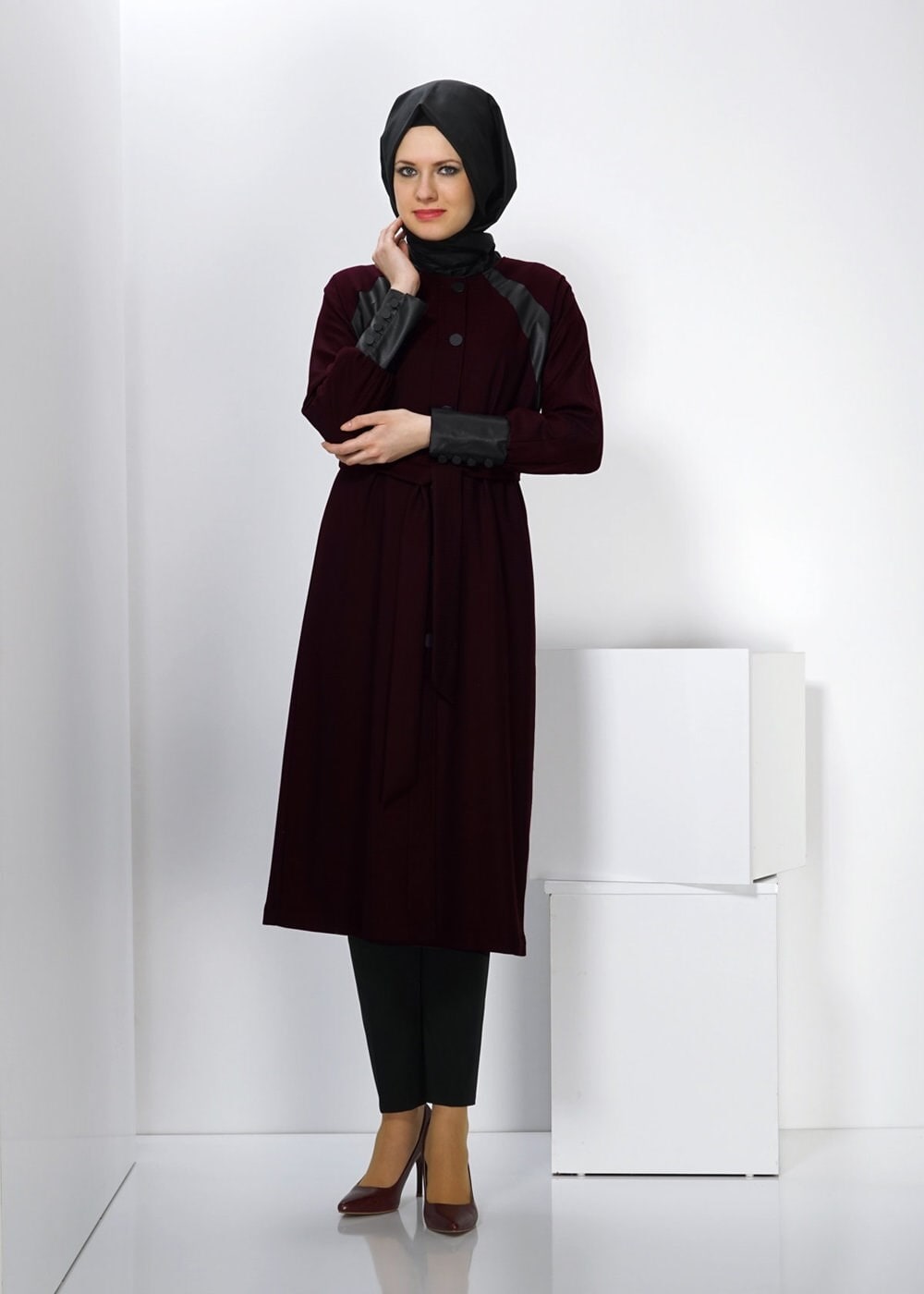 Tesettür giyim BORDO 1413 TRENÇKOT