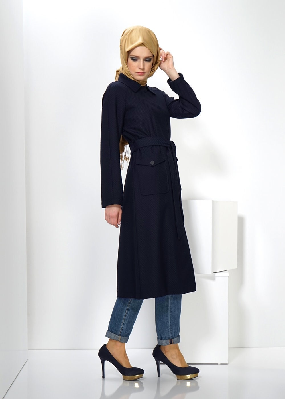 Tesettür giyim LACİVERT 1414 TRENÇKOT