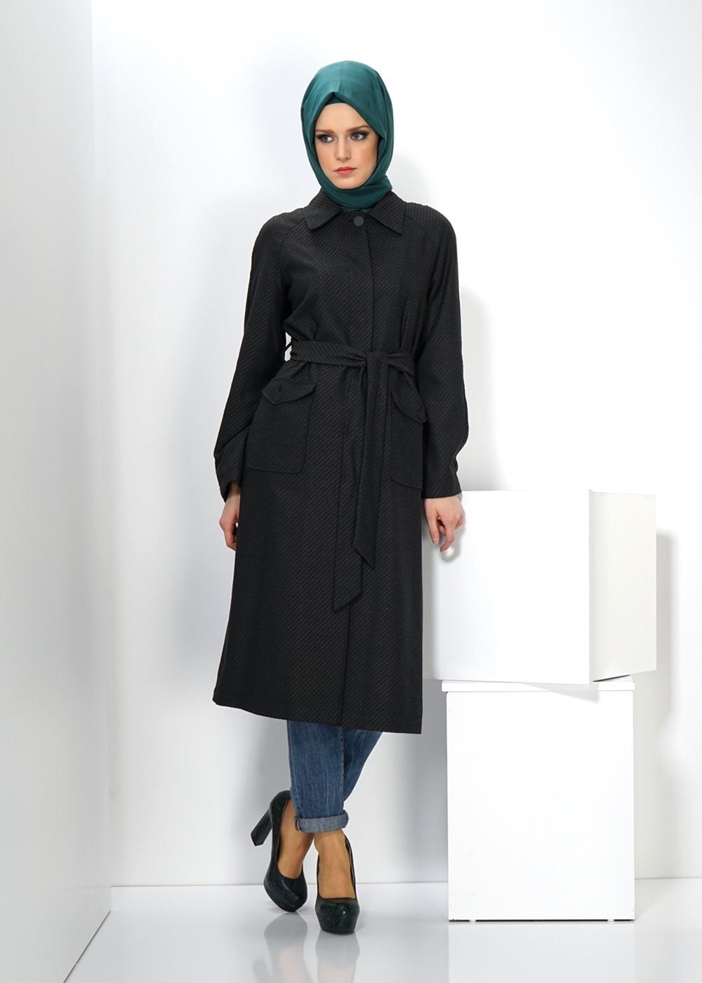 Tesettür giyim GRİ 1414 TRENÇKOT