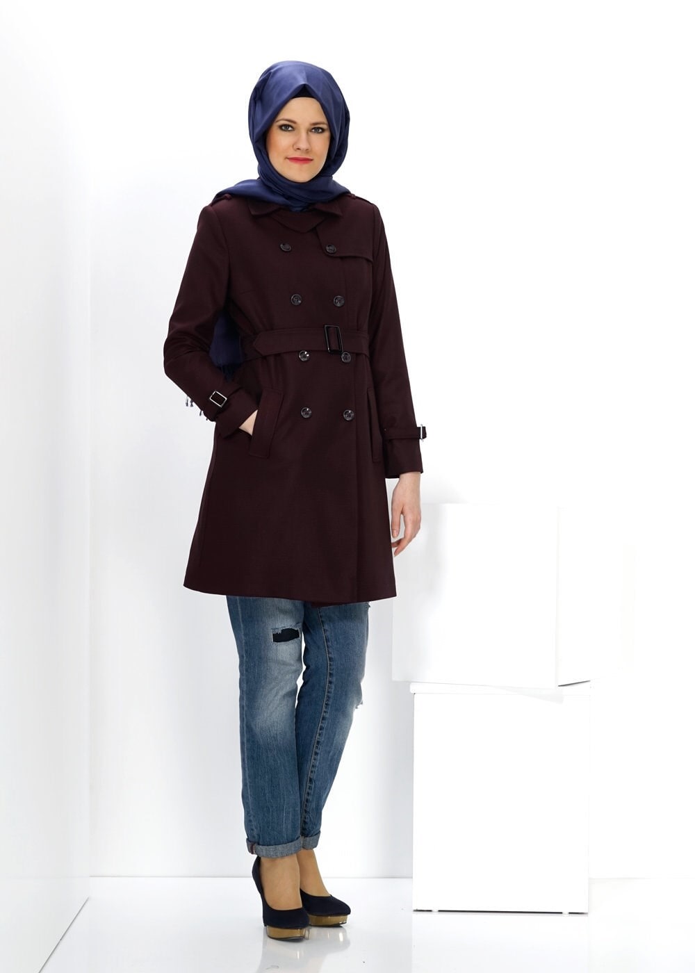 Tesettür giyim BORDO 1416 TRENÇKOT