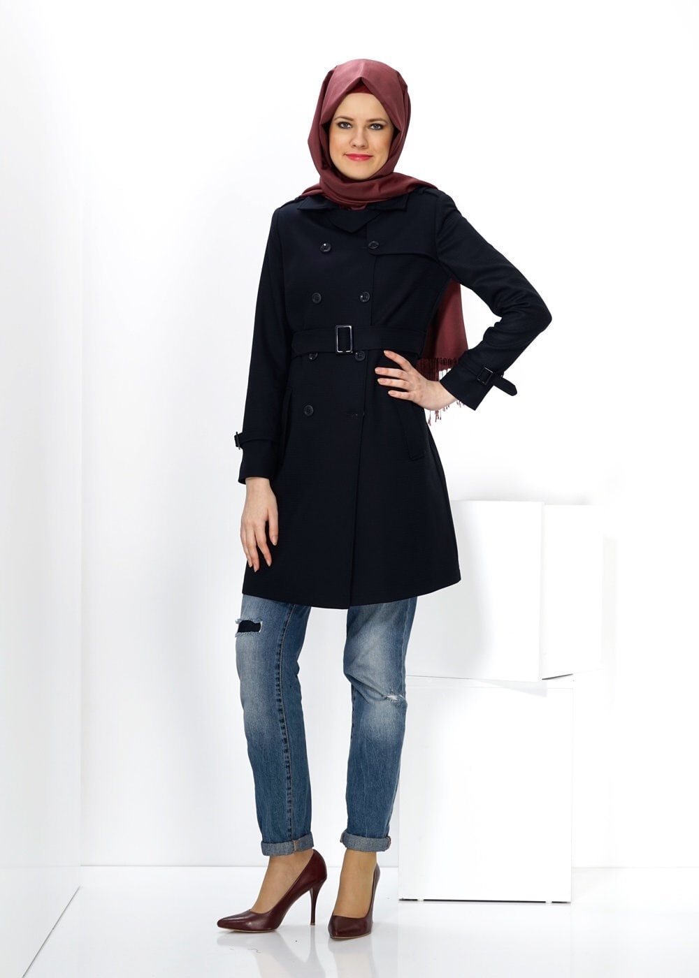 Tesettür giyim LACİVERT 1416 TRENÇKOT