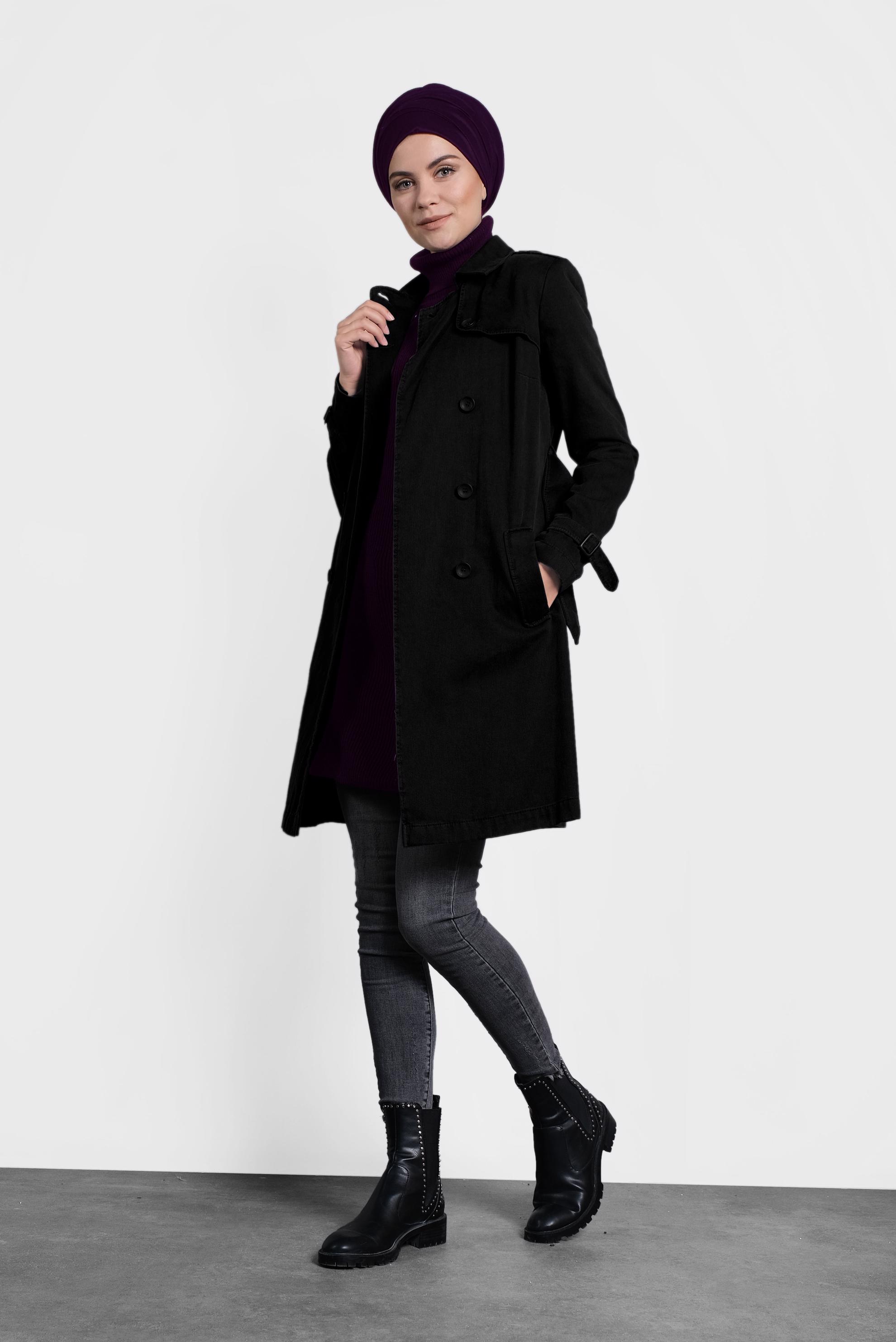 Tesettür giyim SİYAH PAMUKLU KRUVAZE TRENÇKOT 1427