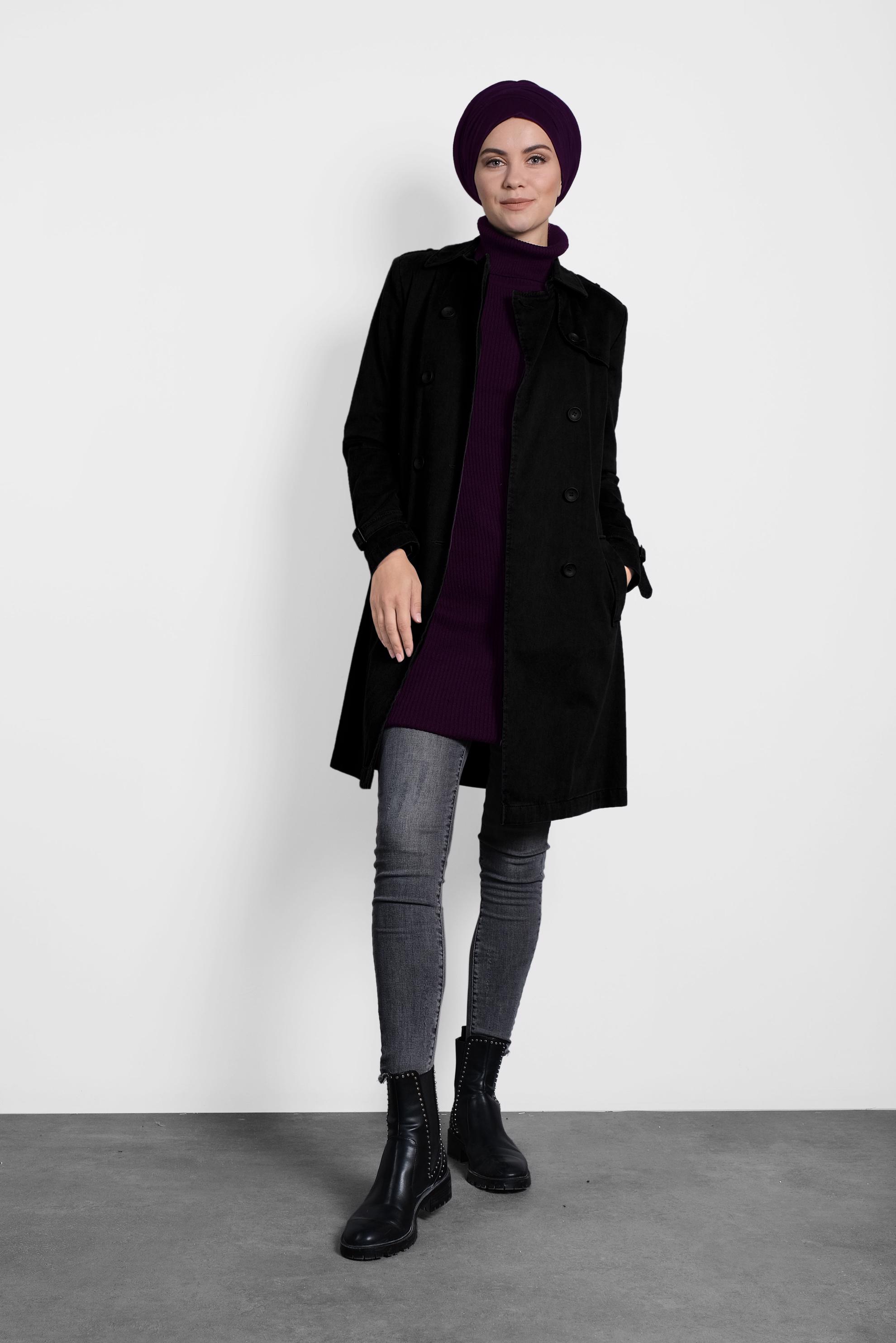 Tesettür giyim SİYAH PAMUKLU KRUVAZE TRENÇKOT 1427