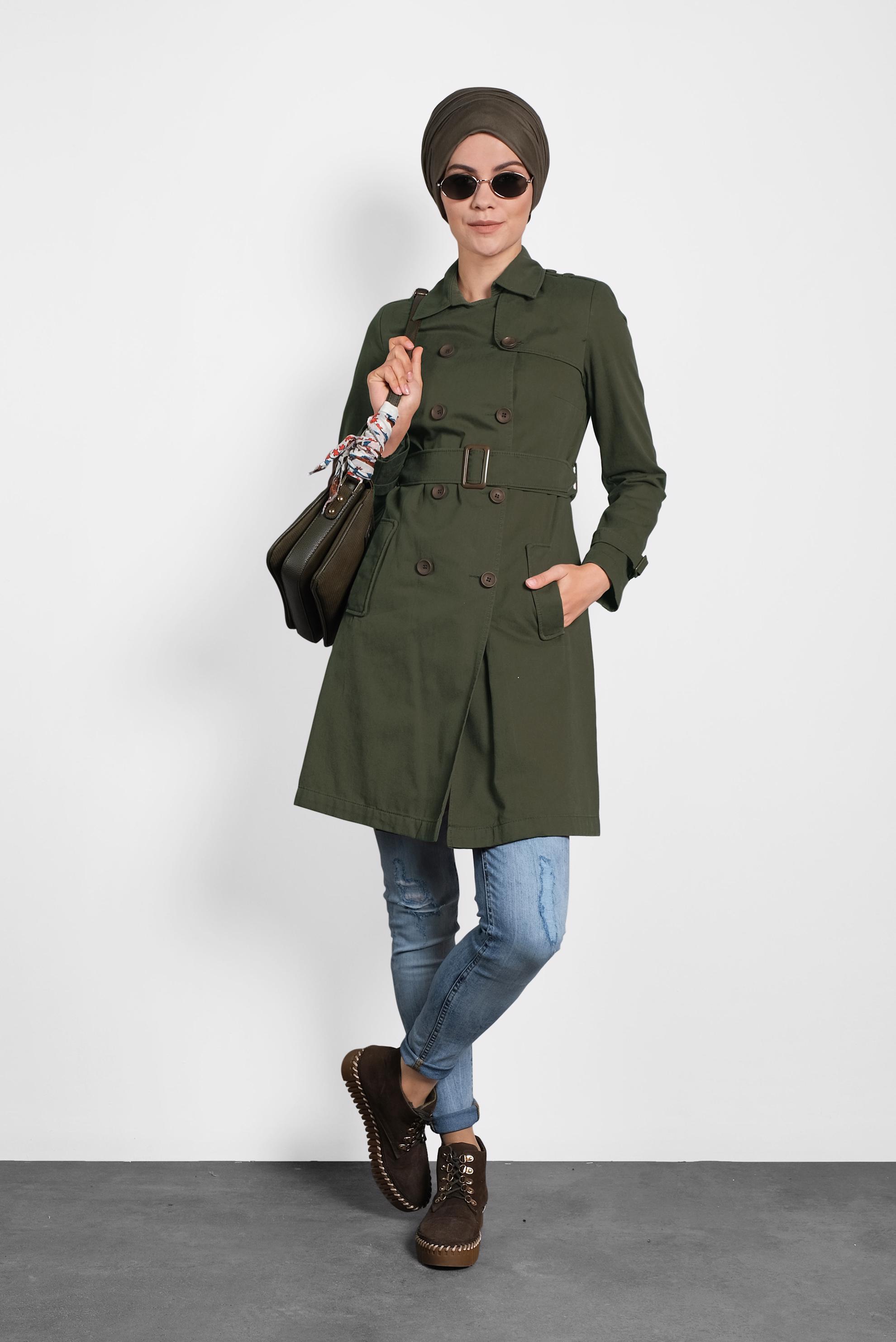 Tesettür giyim YEŞİL PAMUKLU KRUVAZE TRENÇKOT 1427