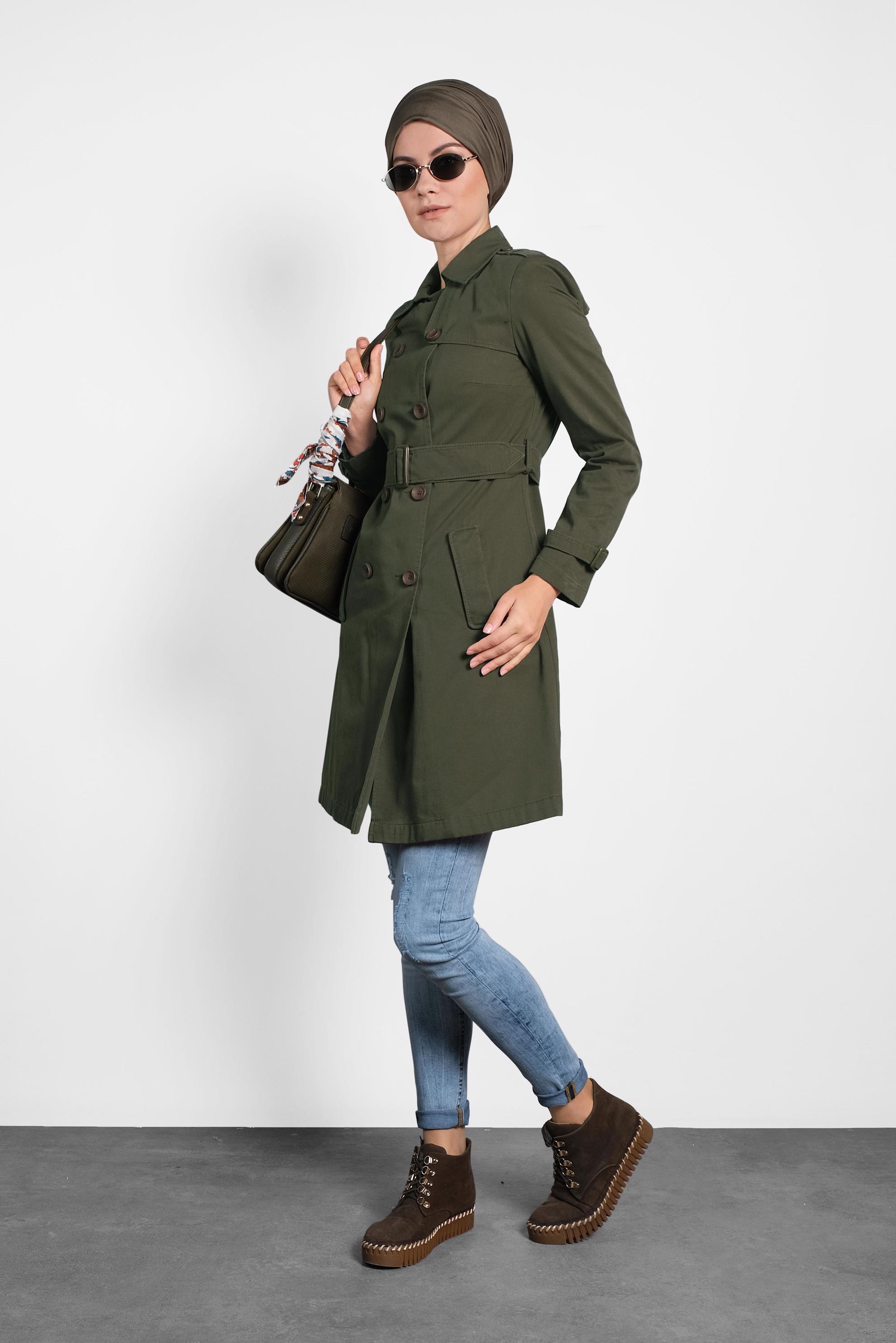 Tesettür giyim YEŞİL PAMUKLU KRUVAZE TRENÇKOT 1427