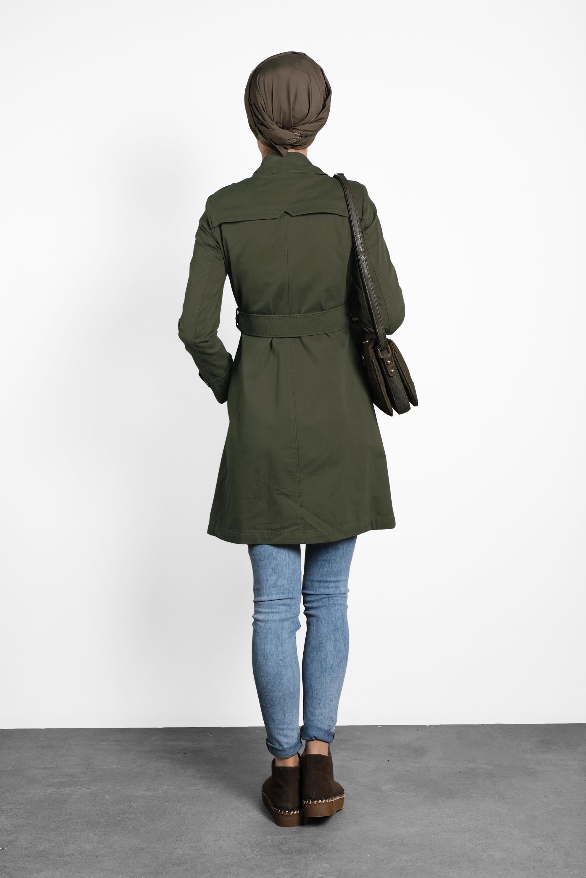 Tesettür giyim YEŞİL PAMUKLU KRUVAZE TRENÇKOT 1427