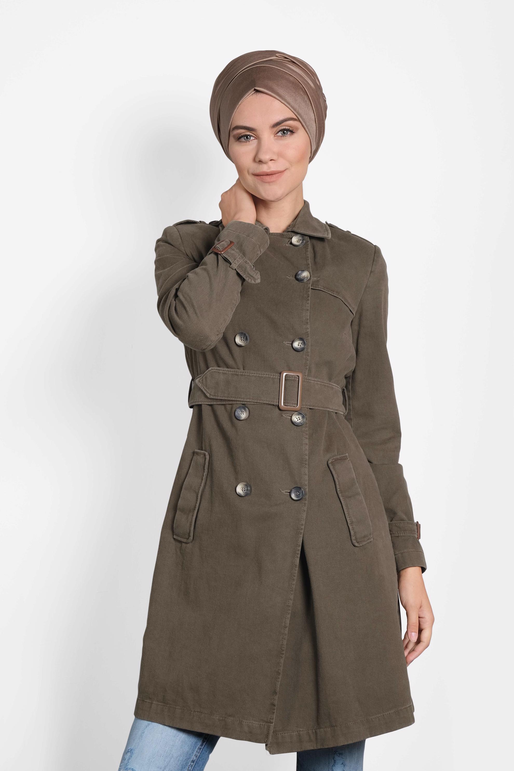 Tesettür giyim HAKİ PAMUKLU KRUVAZE TRENÇKOT 1427