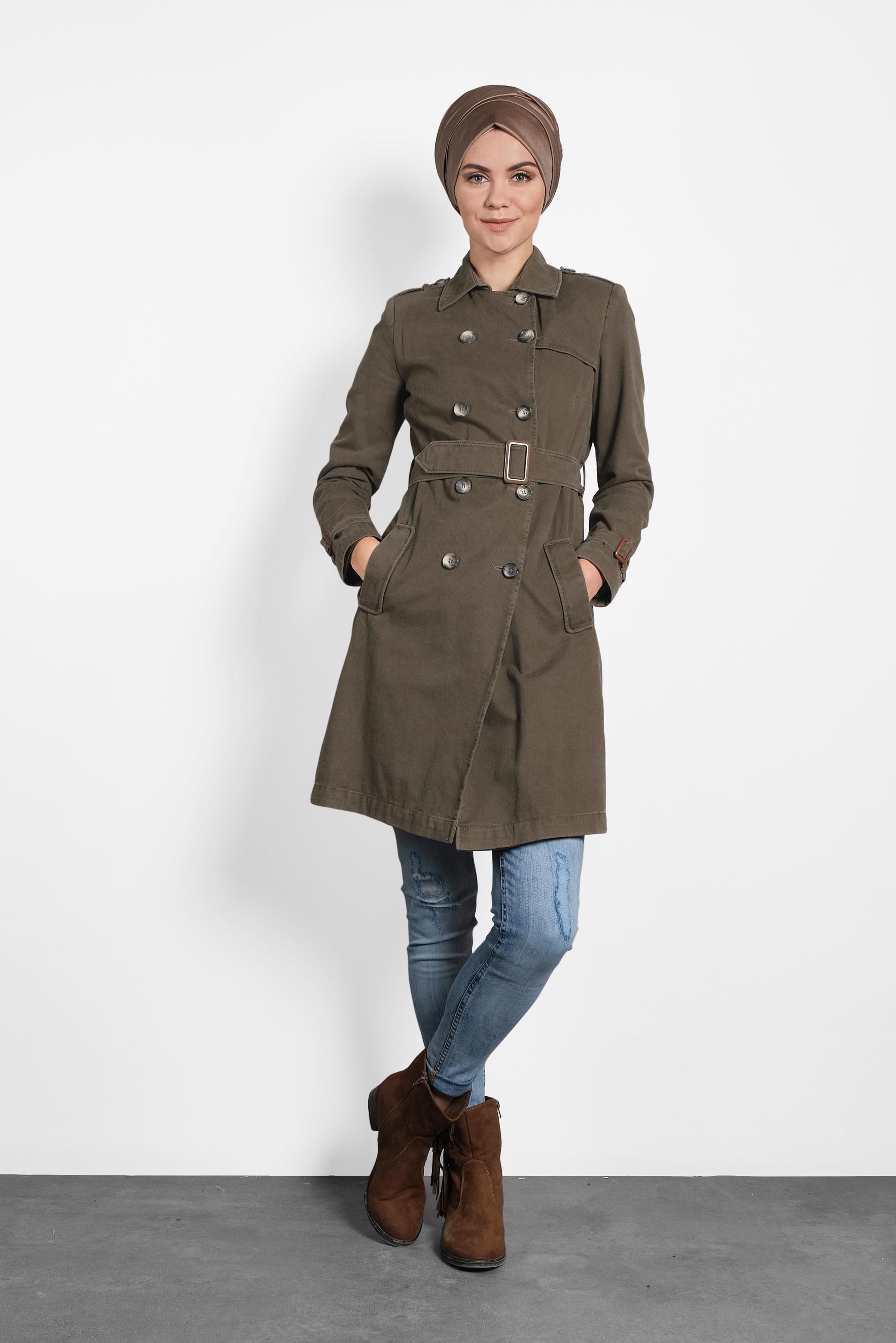 Tesettür giyim HAKİ PAMUKLU KRUVAZE TRENÇKOT 1427