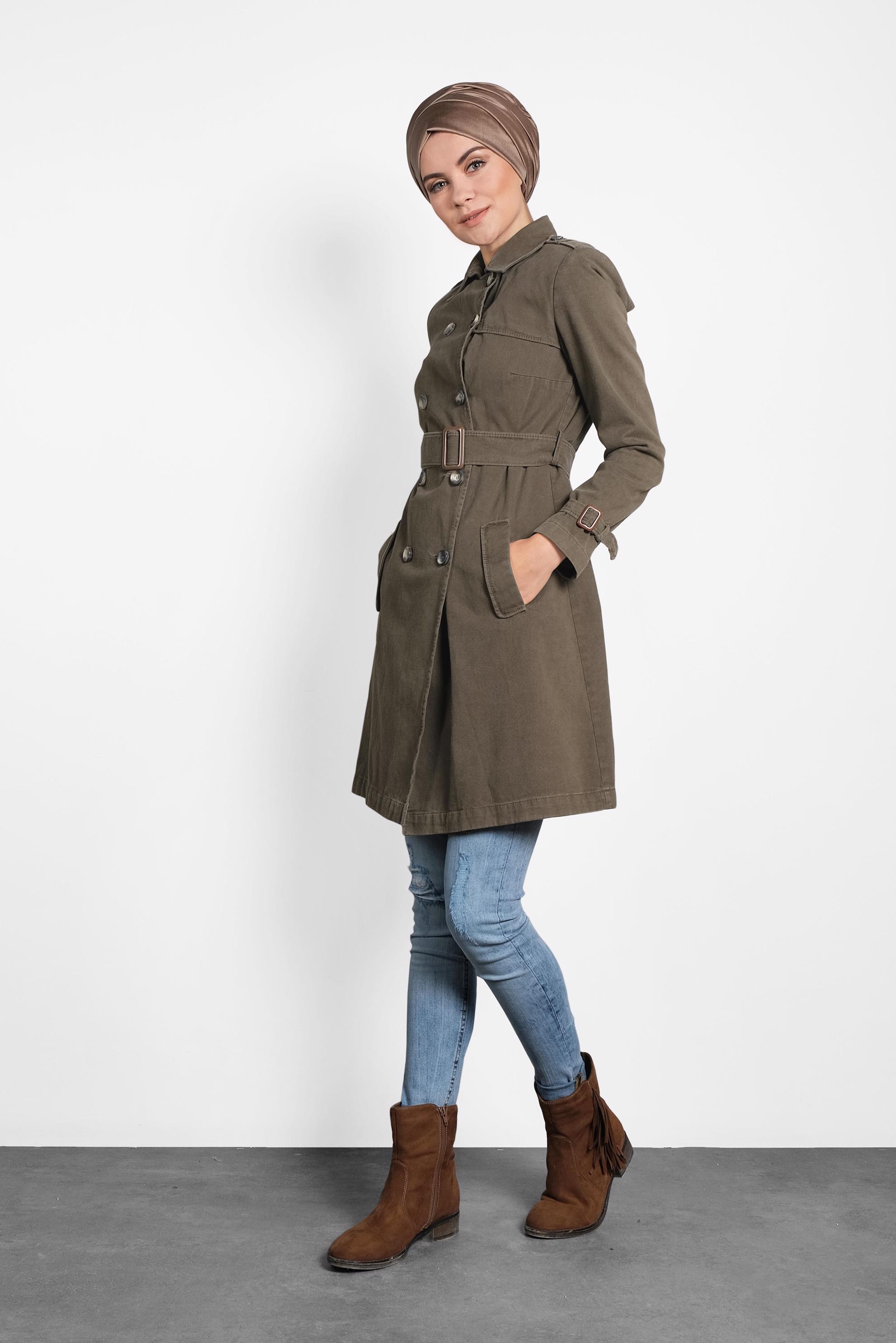 Tesettür giyim HAKİ PAMUKLU KRUVAZE TRENÇKOT 1427