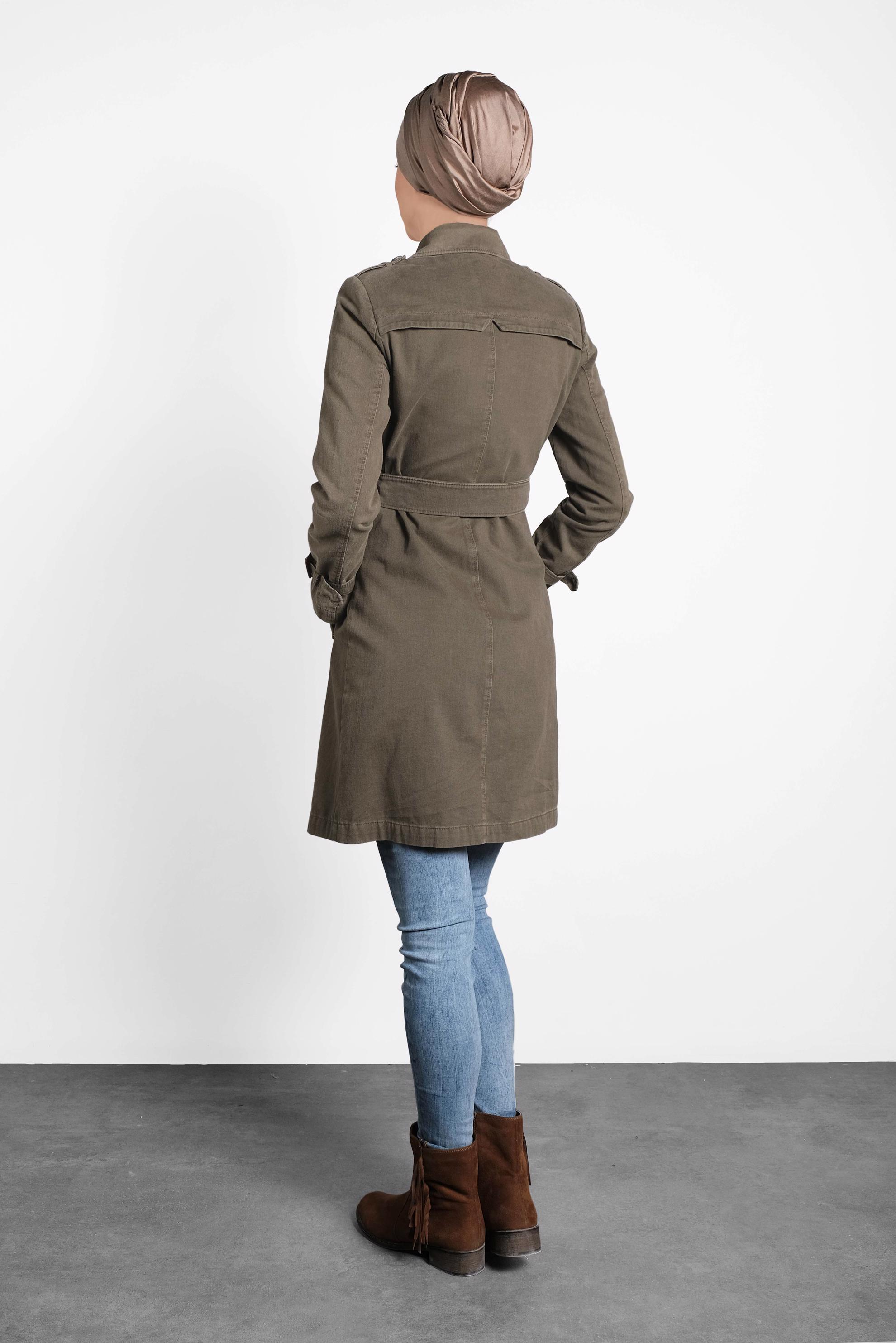 Tesettür giyim HAKİ PAMUKLU KRUVAZE TRENÇKOT 1427