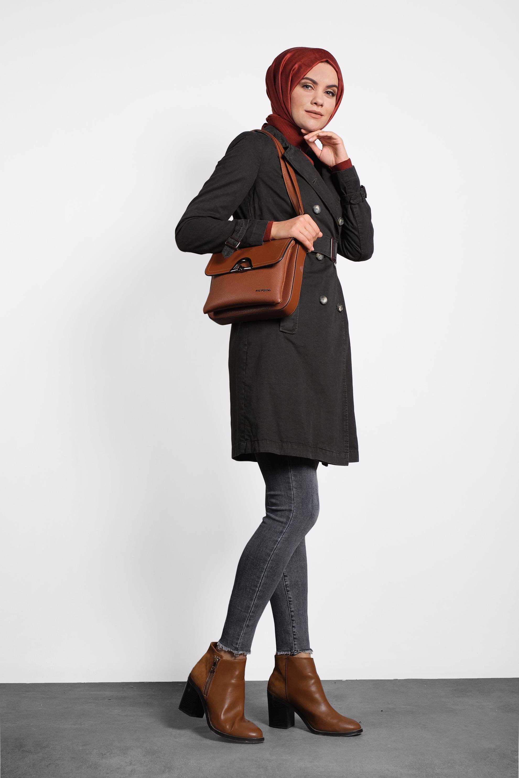 Tesettür giyim KAHVE PAMUKLU KRUVAZE TRENÇKOT 1427